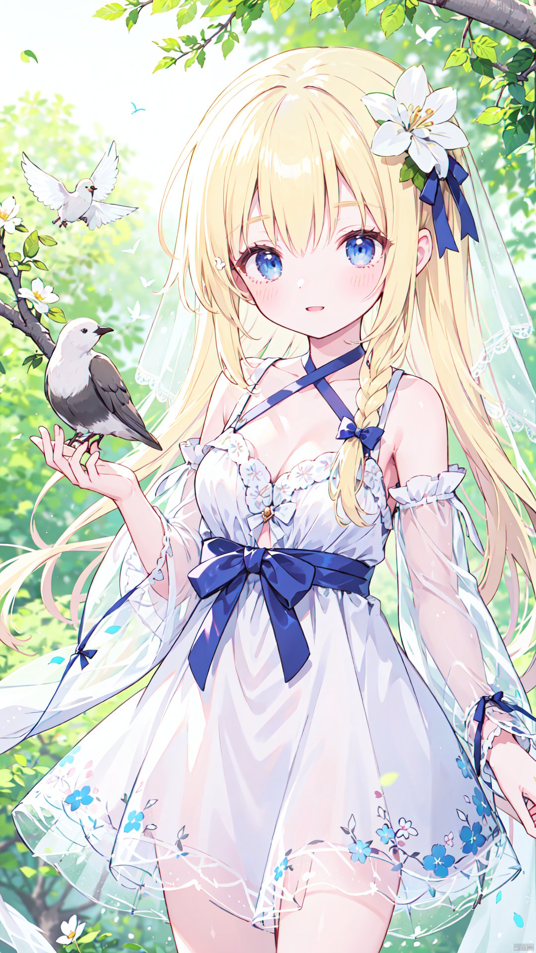 1girl, bird, dress, very long hair, solo, long hair, blue eyes, flower, white dress, breasts, white flower, animal, depth of field, bangs, blurry, branch, sleeveless dress, animal on hand, hair flower, bow, see-through, hair ornament, braid, parted lips, hands up, pink flower, sleeveless, red bow, cleavage, blush, medium breasts, looking at viewer, bird on hand, wide sleeves, veil, blurry foreground, red ribbon, ribbon, blurry background, smile, blonde hair, hair bow, collarbone, transparent, blue ribbon, bare shoulders, small breasts, blue bow, detached sleeves