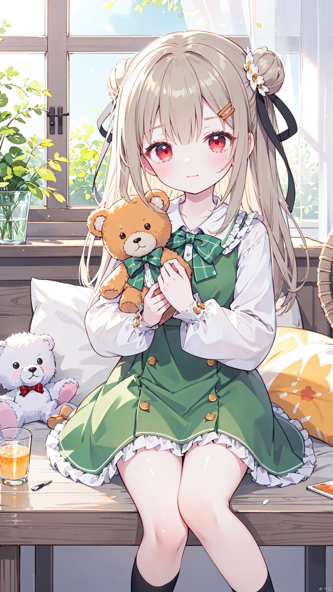 1girl,stuffed animal,stuffed toy,solo,dress,long hair,sitting,looking at viewer,teddy bear,holding stuffed toy,long sleeves,hair ornament,hair bun,bow,green dress,orange bow,plaid,blush,socks,frills,bangs,closed mouth,holding,red eyes,orange bowtie,flower,feet out of frame,ribbon,hair ribbon,single side bun,green bow,brown hair,table,blanket,black ribbon,hairclip,collar,bowtie,