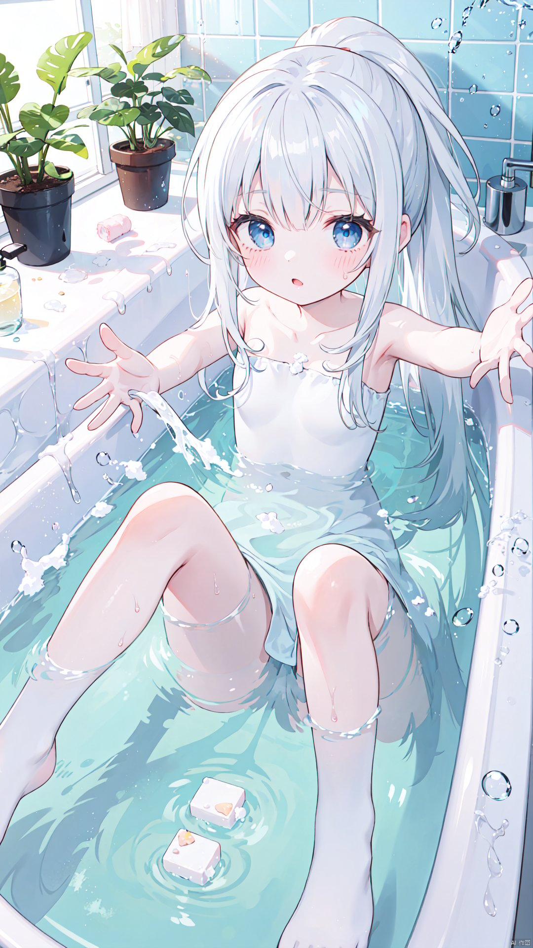 1girl, bathtub, solo, long hair, looking at viewer, window, white hair, bathing, indoors, water, soap bubbles, plant, bathroom, outstretched arms, bubble, bath, towel, blue eyes, ponytail, tiles, soap bottle, bangs, tile wall, potted plant, faucet, partially submerged, wet, blush, from above, parted lips, aqua eyes