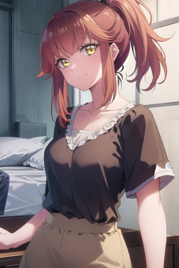 misakijinguuji, <lora:misaki jinguuji s1-lora-nochekaiser:1>,misaki jinguuji, long hair, brown hair, (yellow eyes:1.3), ponytail, smile,BREAK shirt, collarbone, short sleeves, black shirt,BREAK indoors, bed,BREAK looking at viewer, (cowboy shot:1.5),BREAK <lyco:GoodHands-beta2:1>, (masterpiece:1.2), best quality, high resolution, unity 8k wallpaper, (illustration:0.8), (beautiful detailed eyes:1.6), extremely detailed face, perfect lighting, extremely detailed CG, (perfect hands, perfect anatomy),