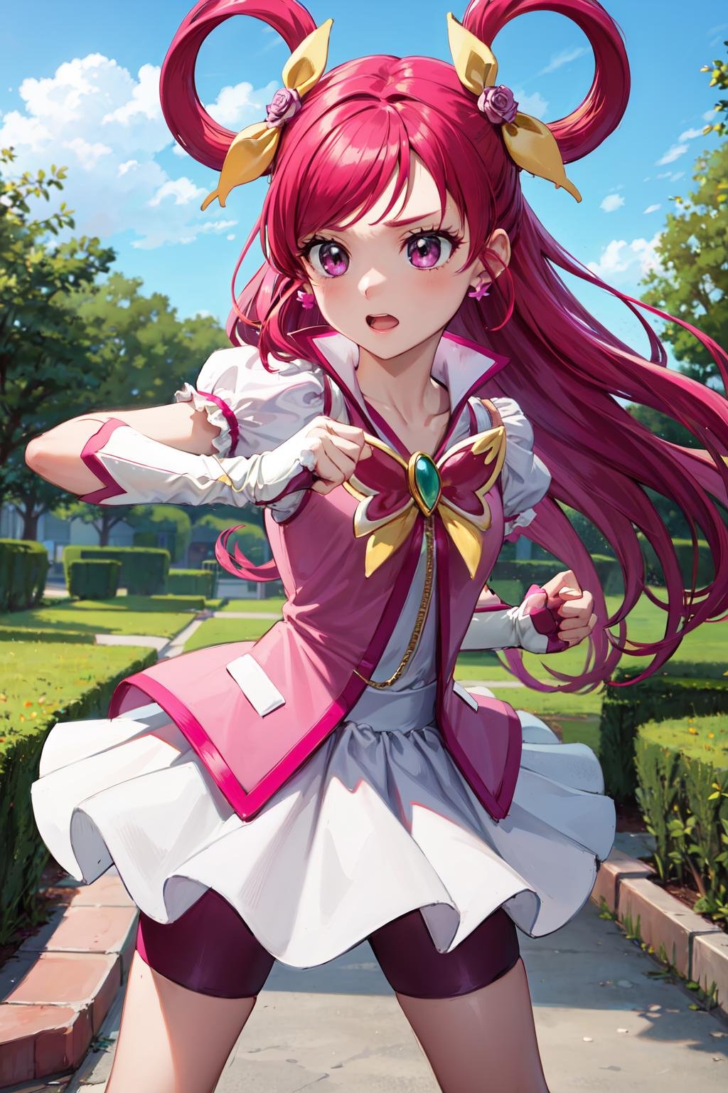 masterpiece,best quality,highres,ultra-detailed,aanozomi,pink theme,magical girl,long hair,hair rings,pink rose,hair ribbon,earrings,small breasts,butterfly brooch,(shirt:1.2),puffy sleeves,gloves,fingerless gloves,skirt,white skirt,bike shorts,(pink shorts:1.2),knee boots,<lora:yumehara_nozomi:0.8>,outdoors,standing,(fighting_stance:1.2),