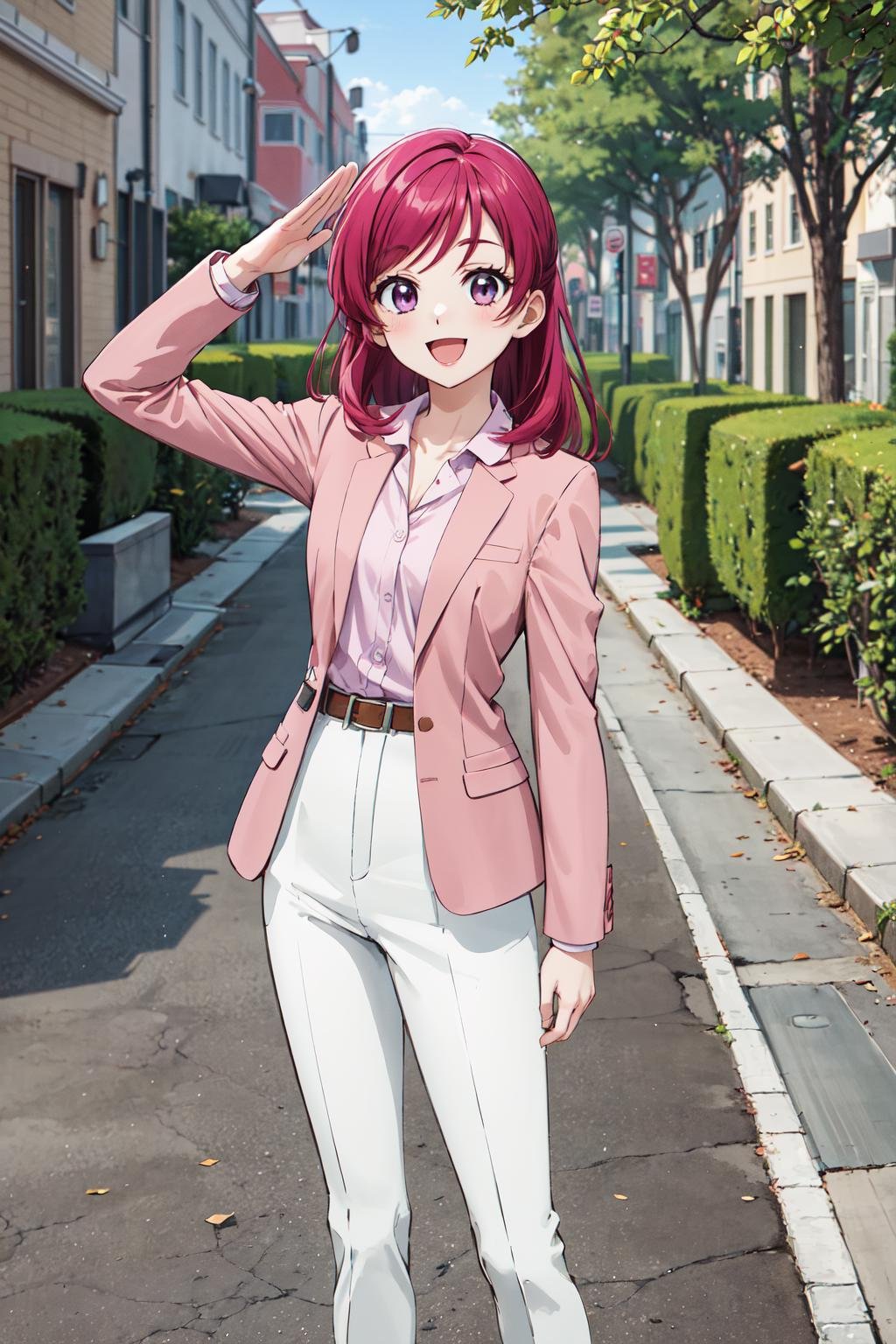 masterpiece,best quality,highres,ultra-detailed,ccnozomi,long hair,small breasts,pink jacket,collared shirt,long sleeves,belt,white pants,shoes,brown footwear,<lora:yumehara_nozomi:0.8>,outdoors,standing,:d,cowboy shot,salute,