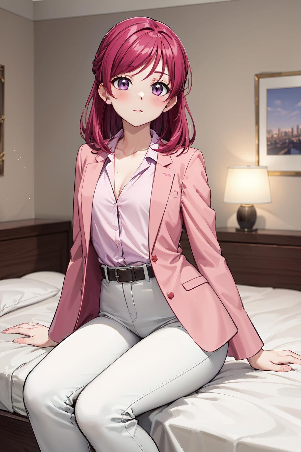 masterpiece,best quality,highres,ultra-detailed,ccnozomi,long hair,small breasts,pink jacket,collared shirt,long sleeves,belt,white pants,<lora:yumehara_nozomi:0.8>,indoors,bed,sitting,blush,(embarrass:0.8),