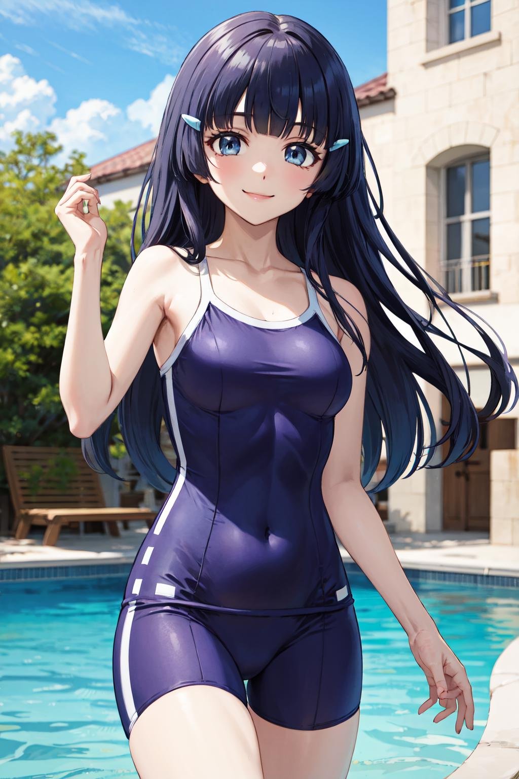 masterpiece,best quality,highres,ultra-detailed,bbreika,long hair,hairclip,<lora:aoki_reika:0.9>,tracen swimsuit,one-piece swimsuit,<lora:tracen_swimsuit:1>,outdoors, smile, 