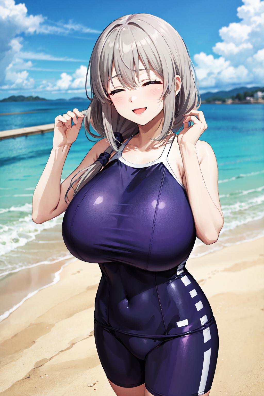 masterpiece,best quality,highres,ultra-detailed,aatsuki,closed eyes,long hair,hair between eyes,bangs,hair over shoulder,huge breasts,<lora:uzaki_tsuki:0.8>,tracen swimsuit,one-piece swimsuit,<lora:tracen_swimsuit:1>,outdoors, smile, full body, 