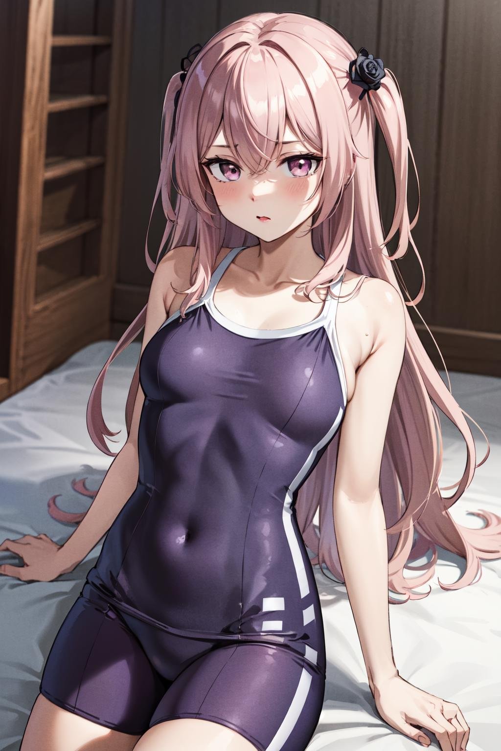 masterpiece,best quality,highres,ultra-detailed,aasajuna,pink eyes,purple eyes,pink hair,long hair,two side up,hair between eyes,bangs,hair flower,black rose,<lora:inui_sajuna:0.7>,tracen swimsuit,one-piece swimsuit,<lora:tracen_swimsuit:1>,