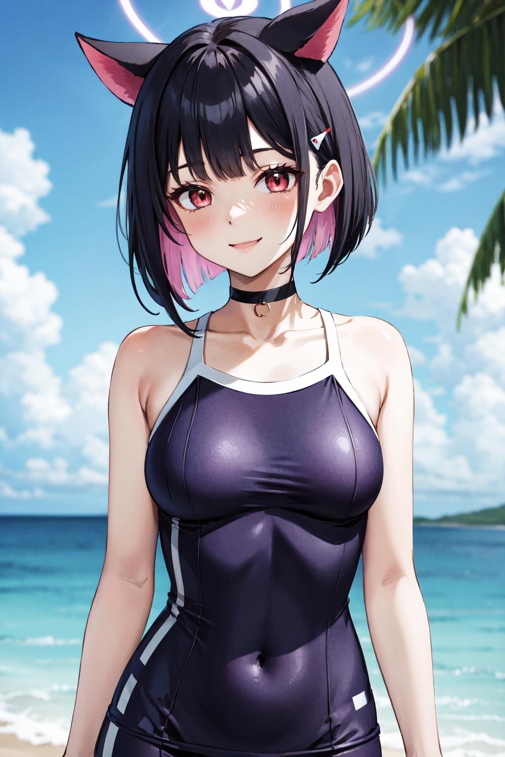 masterpiece,best quality,highres,ultra-detailed,aakazusa,halo,cat ears,short hair,multicolored hair,two-tone hair,colored inner hair,bangs,hairclip,black choker,<lora:kazusa_(blue_archive):0.8>,tracen swimsuit,one-piece swimsuit,<lora:tracen_swimsuit:1>,outdoors, smile, 