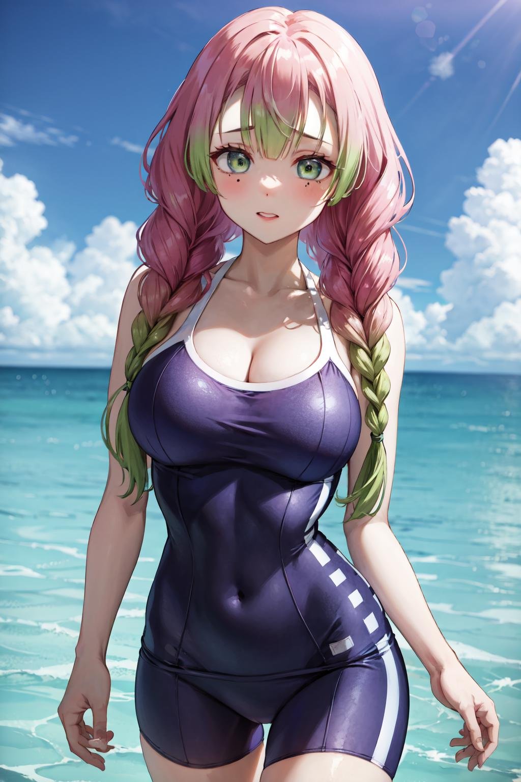 masterpiece,best quality,highres,ultra-detailed,aamitsuri,(mole under eye:0.8),multicolored hair,long hair,twin braids,bangs,cleavage,<lora:kanroji_mitsuri:0.8>,<lora:tracen_swimsuit4>,tracen swimsuit,one-piece swimsuit,