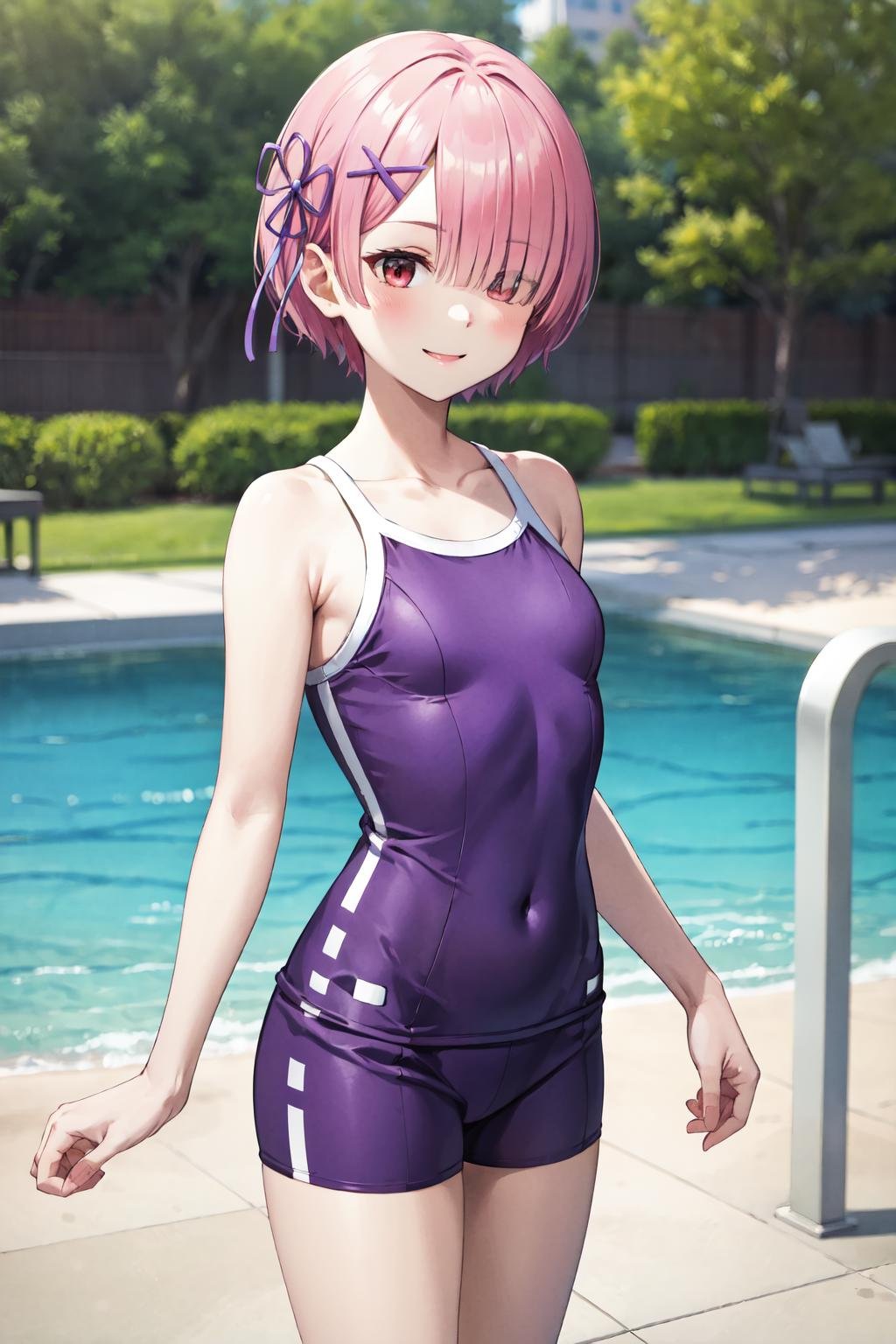 masterpiece,best quality,highres,ultra-detailed,aaram,short hair,hair over one eye,bangs,hair ribbon,purple ribbon,x hair ornament,small breasts,<lora:ram_(re_zero):0.9>,tracen swimsuit,one-piece swimsuit,<lora:tracen_swimsuit:1>,outdoors, smile, 