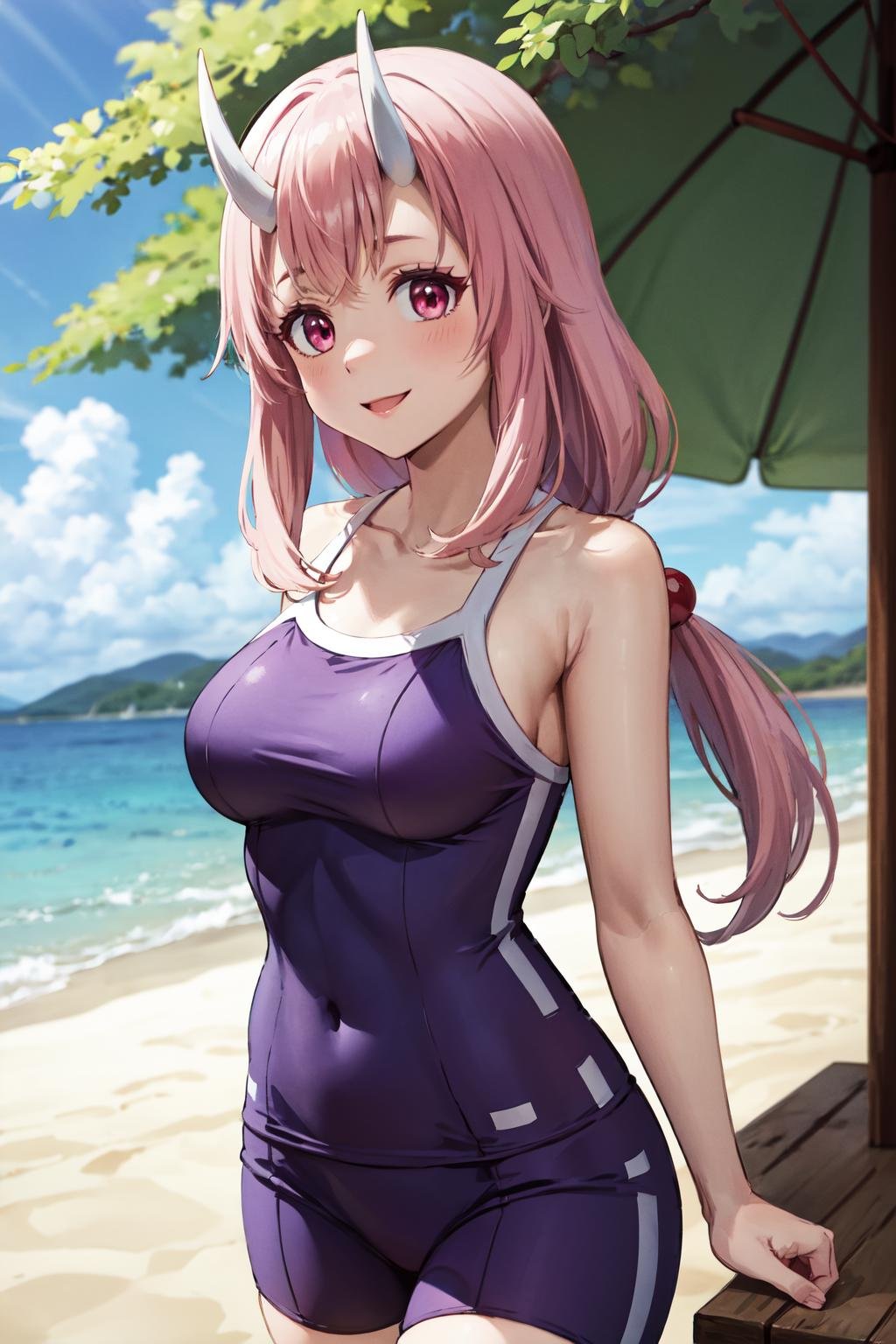 masterpiece,best quality,highres,ultra-detailed,aashuna,oni horns,long hair,hair ornament,<lora:shuna_(tensei_shitara_slime_datta_ken):0.7>,tracen swimsuit,one-piece swimsuit,<lora:tracen_swimsuit:1>,outdoors, smile, 