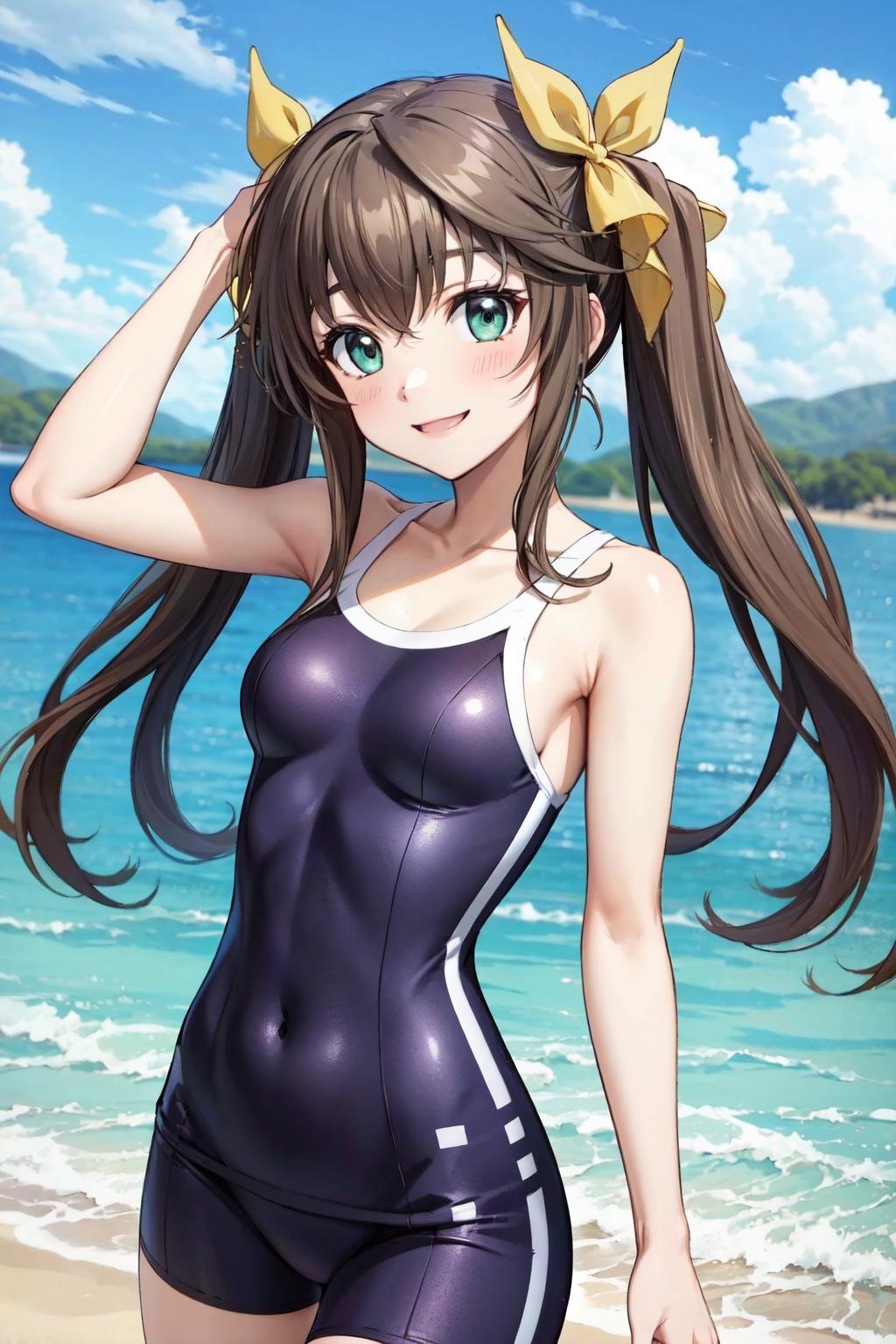 masterpiece,best quality,highres,ultra-detailed,aalingyin,long hair,twintails,hair ribbon,yellow ribbon,<lora:Huang_Lingyin:0.9>,tracen swimsuit,one-piece swimsuit,<lora:tracen_swimsuit:1>,outdoors,smile,