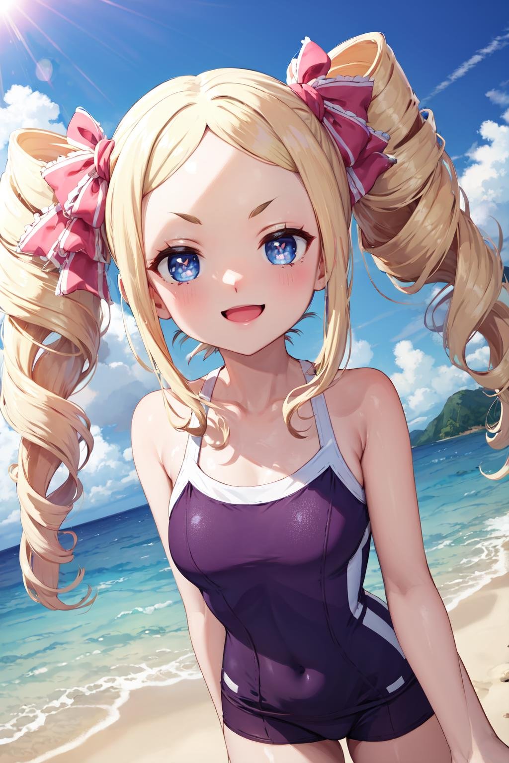 masterpiece,best quality,highres,ultra-detailed,aabeatrice,symbol-shaped pupils,long hair,twin drills,sidelocks,v-shaped eyebrows,hair ribbon,<lora:beatrice_(re_zero):0.7>,tracen swimsuit,one-piece swimsuit,<lora:tracen_swimsuit:1>,outdoors, smile, 