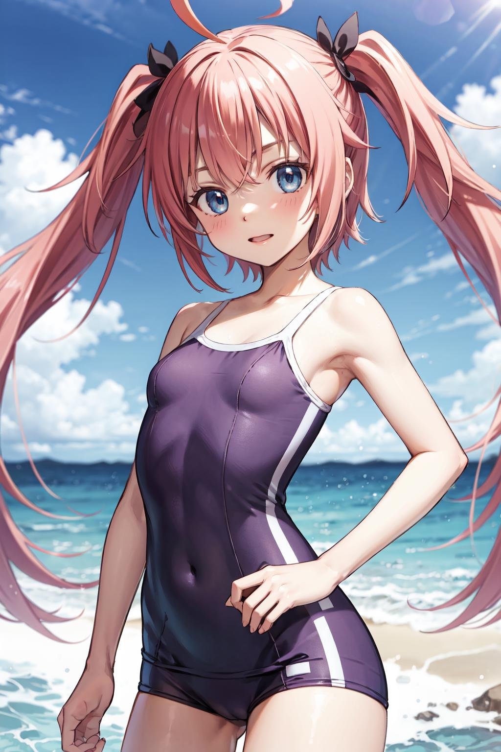 masterpiece,best quality,highres,ultra-detailed,aamilim,long hair,twintails,ahoge,small breasts,<lora:milim_nava:0.7>,<lora:tracen_swimsuit4>,tracen swimsuit,one-piece swimsuit,