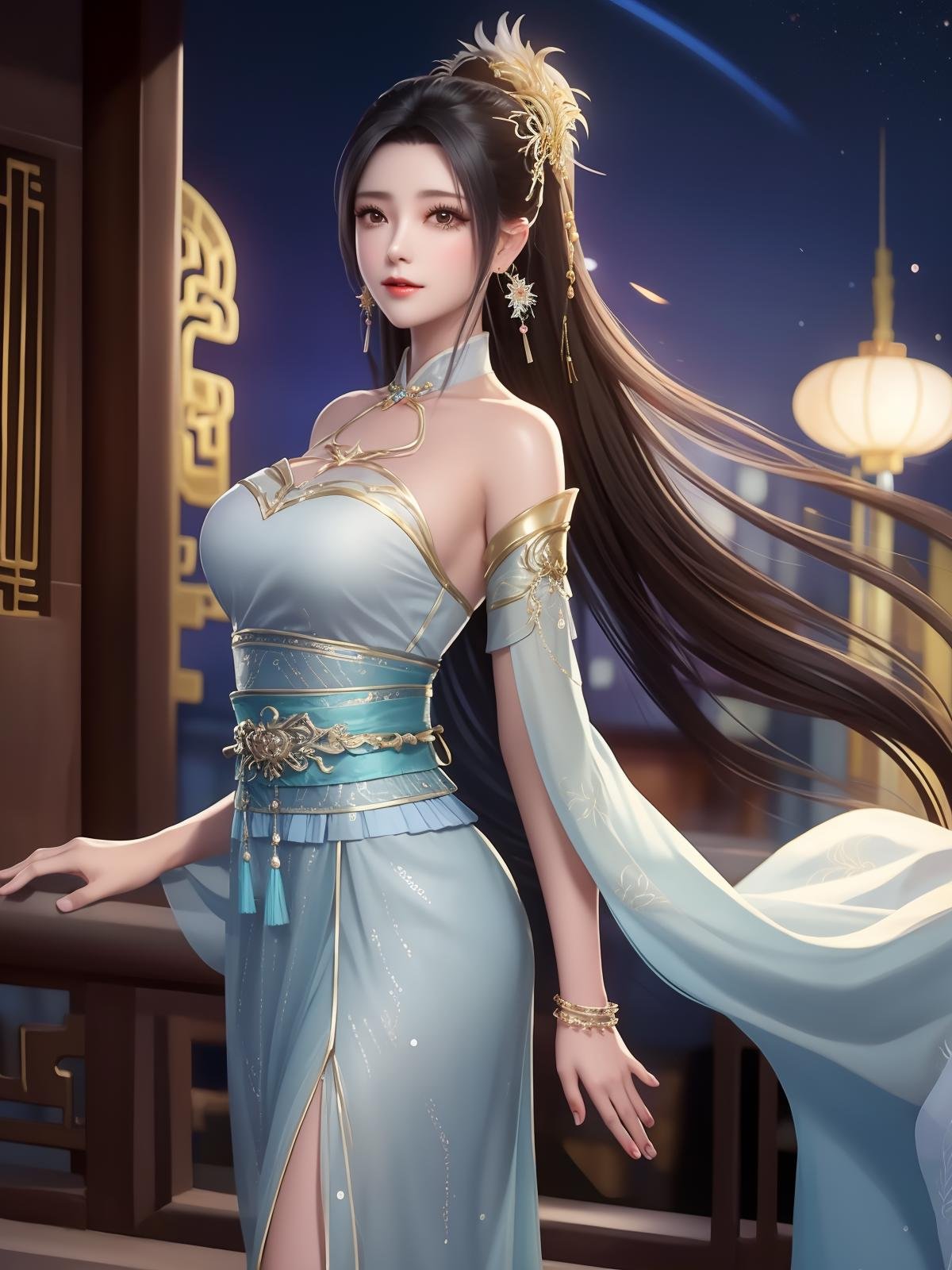 <lora:DPCQxiaoxuner_20230731153604:0.75>,1girl, mature female, cityscape, night,looking at viewer, long hair, dress,hair ornament, bare shoulders, jewelry, cowboy shot, earrings, sash, chinese clothes, long dress, obi, ponytail, arms behind back, 