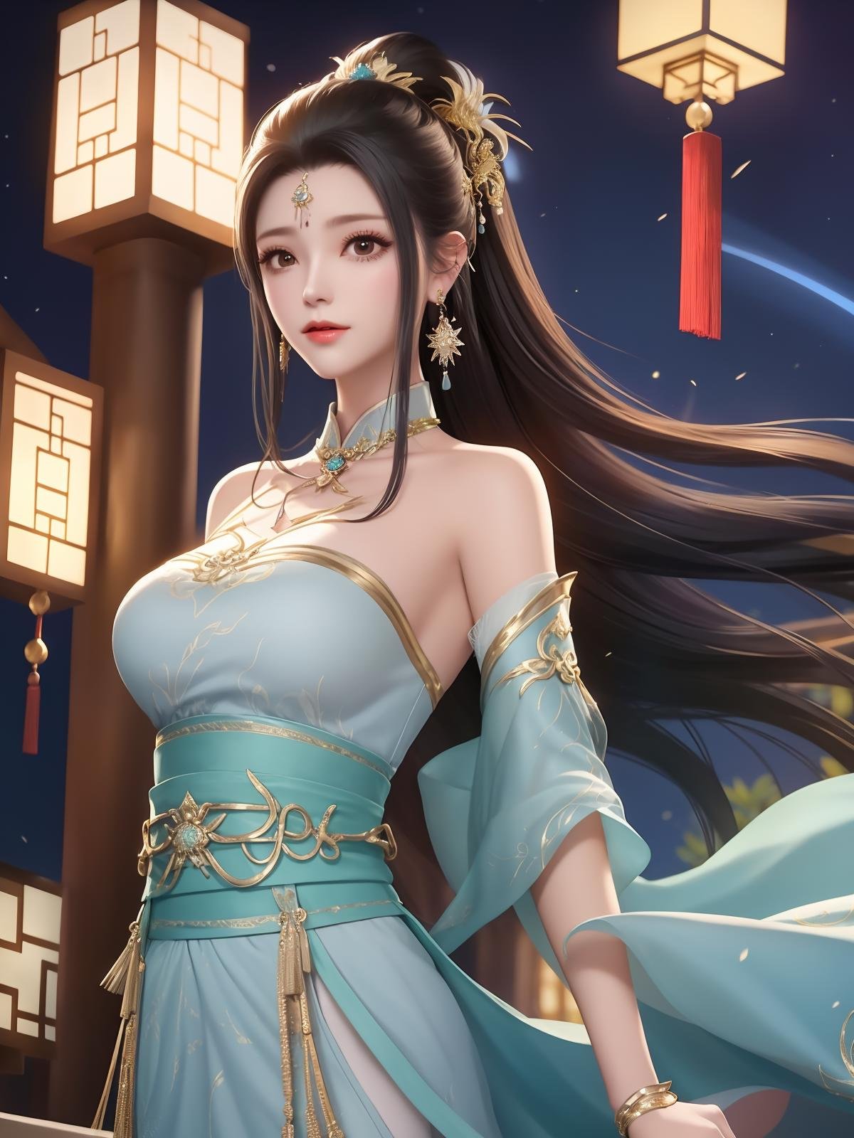 <lora:DPCQxiaoxuner_20230731153604:0.75>,1girl, mature female, cityscape, night,looking at viewer, long hair, dress,hair ornament, bare shoulders, jewelry, cowboy shot, earrings, sash, chinese clothes, long dress, obi, ponytail, arms behind back, 