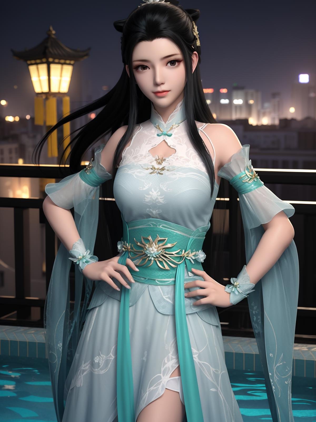 DPCQxiaoxuner, 1girl, solo, black hair, dress, long hair,chinese clothes, jewelry, sash, hair ornament,single hair bun, wrist cuffs,  detached sleeves, obi, <lora:DPCQxiaoxuner:0.75>,cityscape, looking at viewer, night,pool,