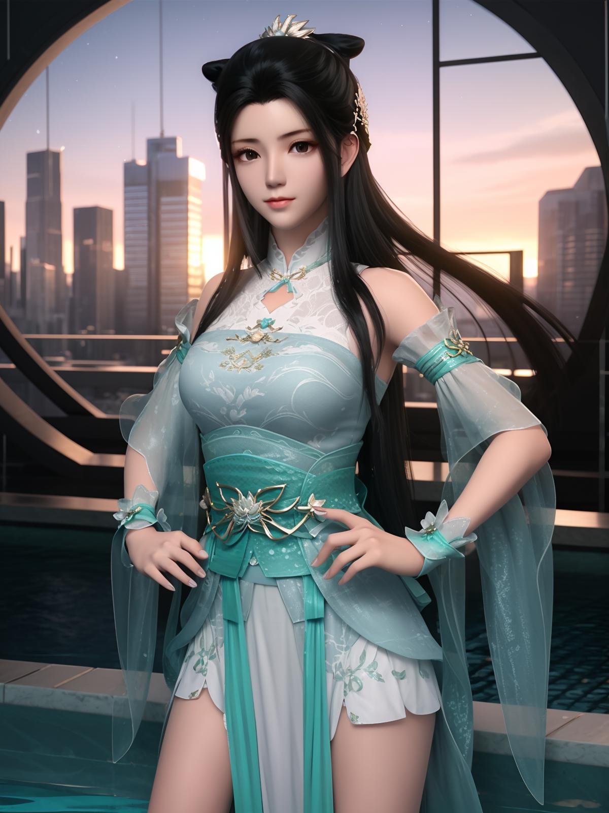 DPCQxiaoxuner, 1girl, solo, black hair, dress, long hair,chinese clothes, jewelry, sash, hair ornament,single hair bun, wrist cuffs,  detached sleeves, obi, <lora:DPCQxiaoxuner:0.75>,cityscape, looking at viewer, night,pool,