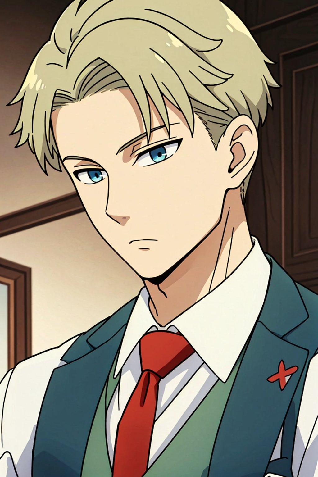 1boy, male focus, red necktie, necktie, solo, blonde hair, twilight (spy x family), shirt, collared shirt, vest, white shirt, blue eyes, looking to the side, short hair, long sleeves