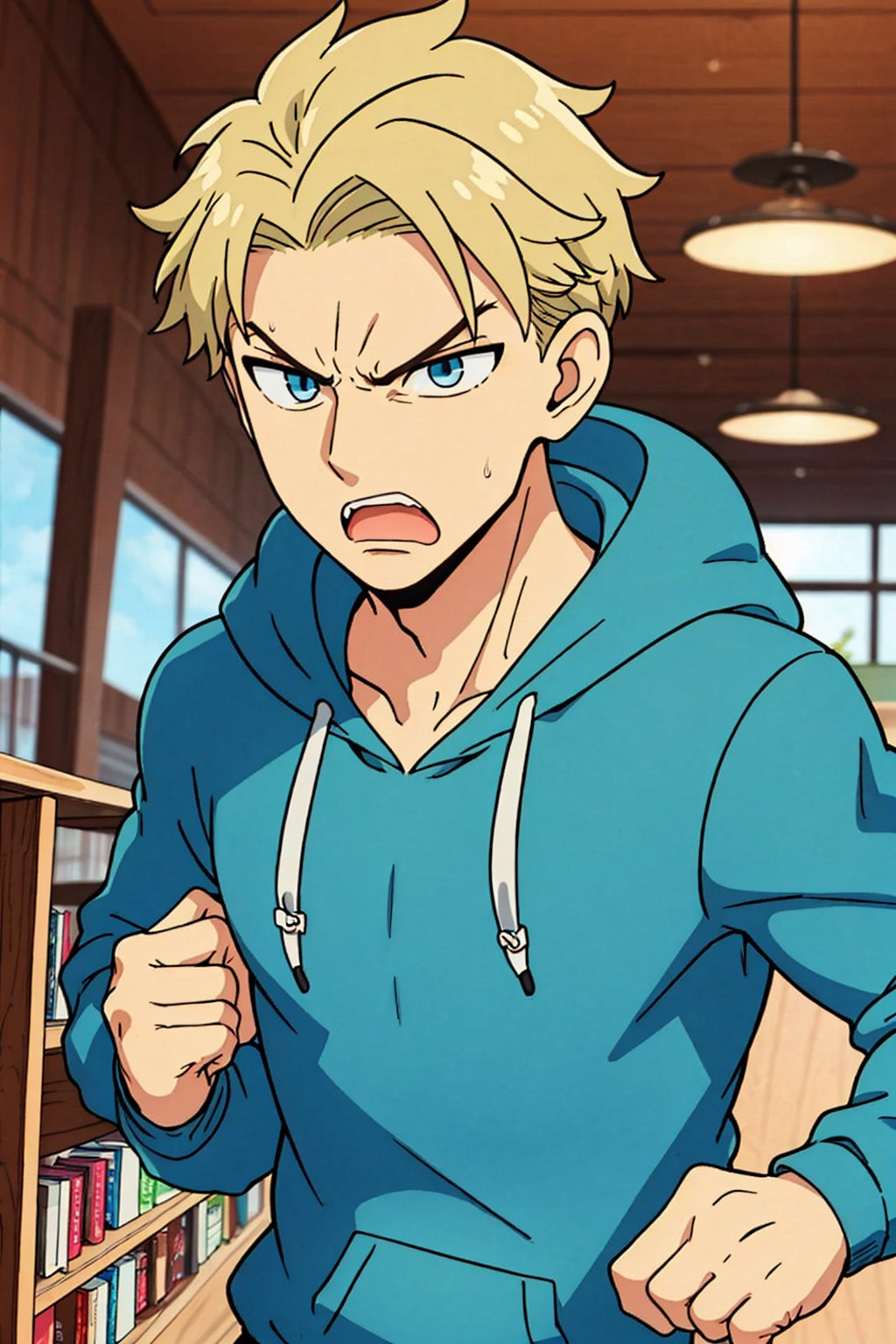 1boy, blue eyes, blonde hair, short curly, hoodie, angry, running, library, upper body ,Blue eyes 