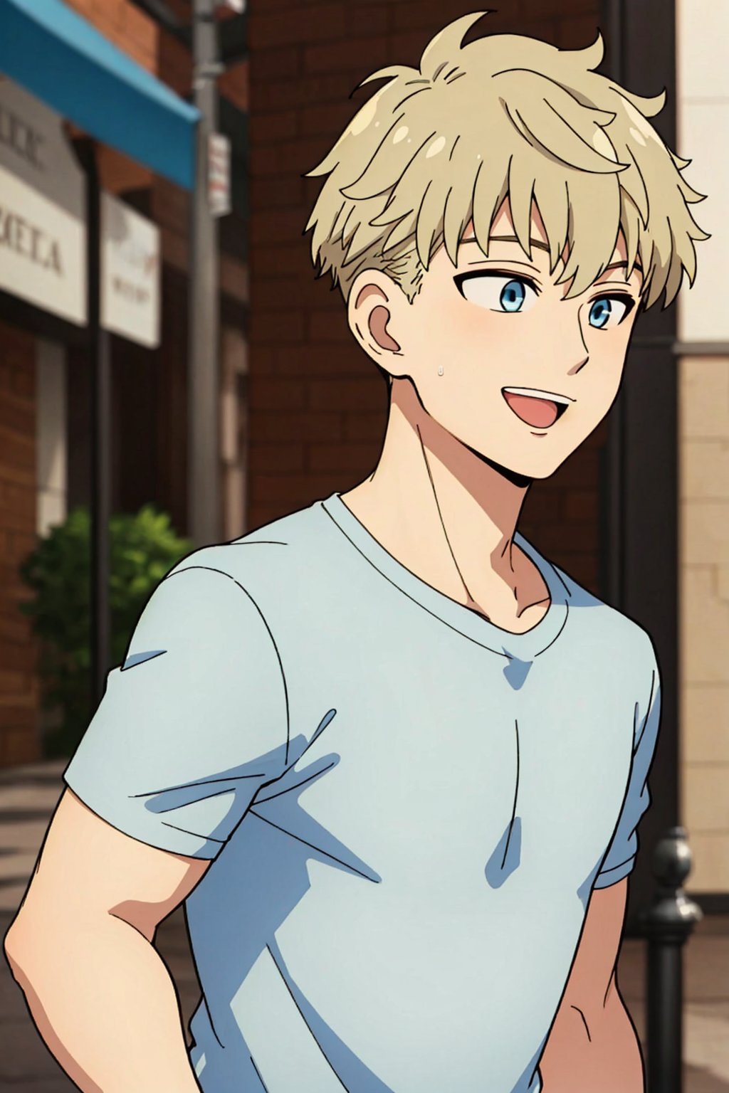 1boy, blue eyes, blonde hair, short curly, shirt, happy, walking, street, upper body ,Blue eyes 