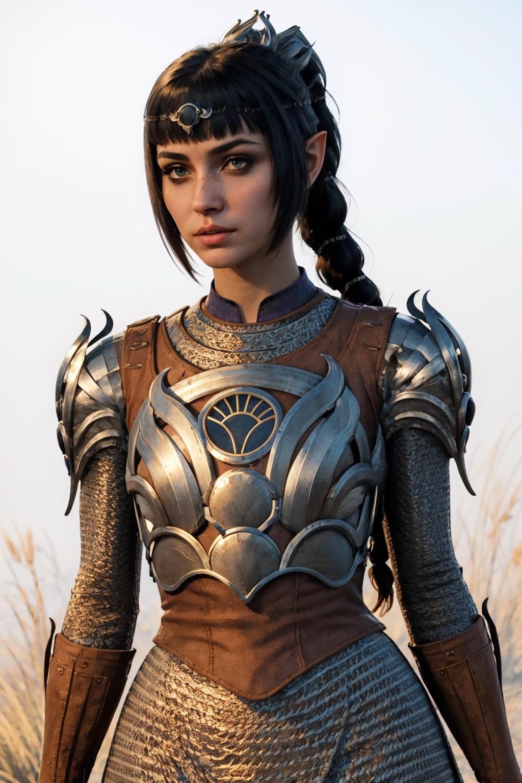 (masterpiece, best quality:1.2),  <lora:shadowheart:1>, shadowheart, 1girl, solo, looking at viewer, breasts, armor, shoulder armor, pointy ears, braid, breastplate, bangs, pauldrons, ponytail, hair ornament, scar, white background, simple background, 