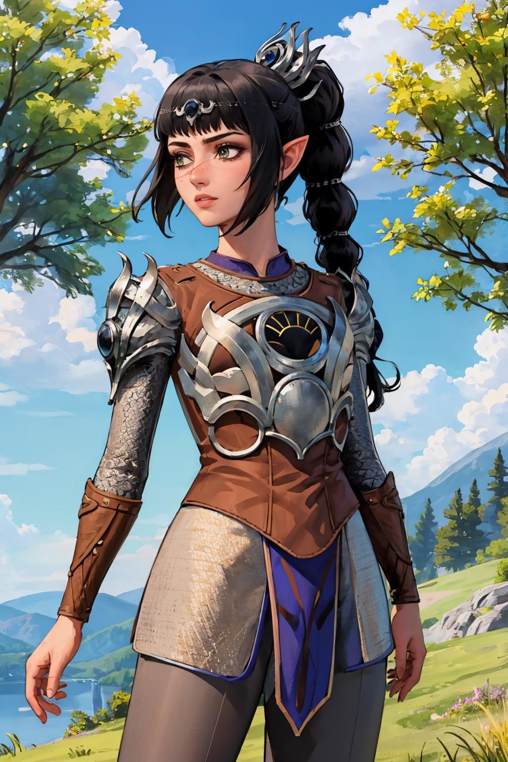 (masterpiece, best quality:1.2),  <lora:shadowheart:1>, shadowheart, 1girl, solo, breasts, armor, shoulder armor, pointy ears, braid, breastplate, bangs, pauldrons, ponytail, hair ornament, scar, outdoors, tree, grass, hill, medieval, blue sky, lens flare, bloomers, 