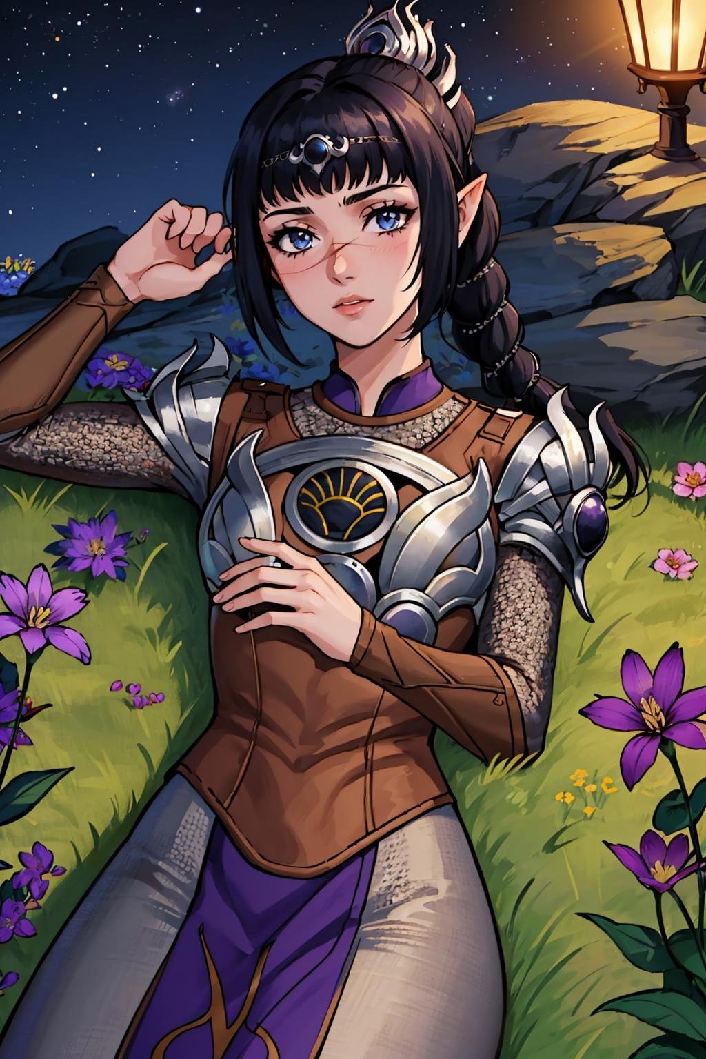 (masterpiece, best quality:1.2),  <lora:shadowheart:1>, shadowheart, 1girl, solo, breasts, armor, shoulder armor, pointy ears, braid, breastplate, bangs, pauldrons, ponytail, hair ornament, scar, lying, purple flower, flower field, on back, outdoors, night sky, from above