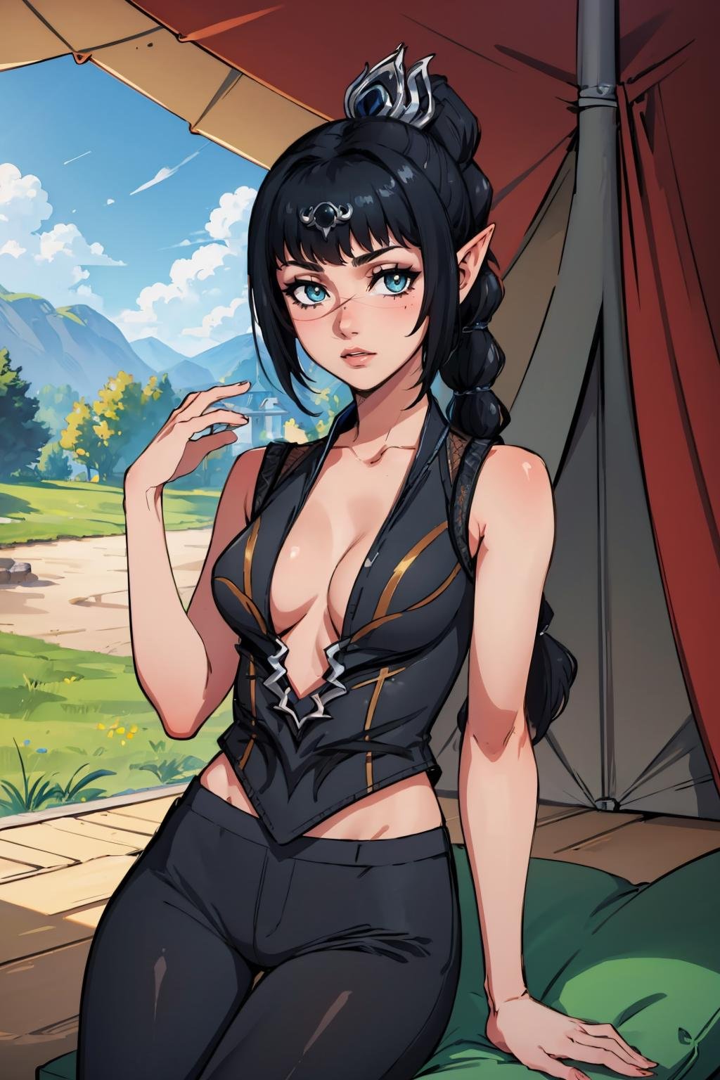 (masterpiece, best quality:1.2),  <lora:shadowheart:1>, shadowheart, 1girl, solo, looking at viewer, breasts, pointy ears, braid, ponytail, hair ornament, scar, bare shoulders, black shirt, shirt, sleeveless, cleavage, pants, indoors, tent, pov, cushions