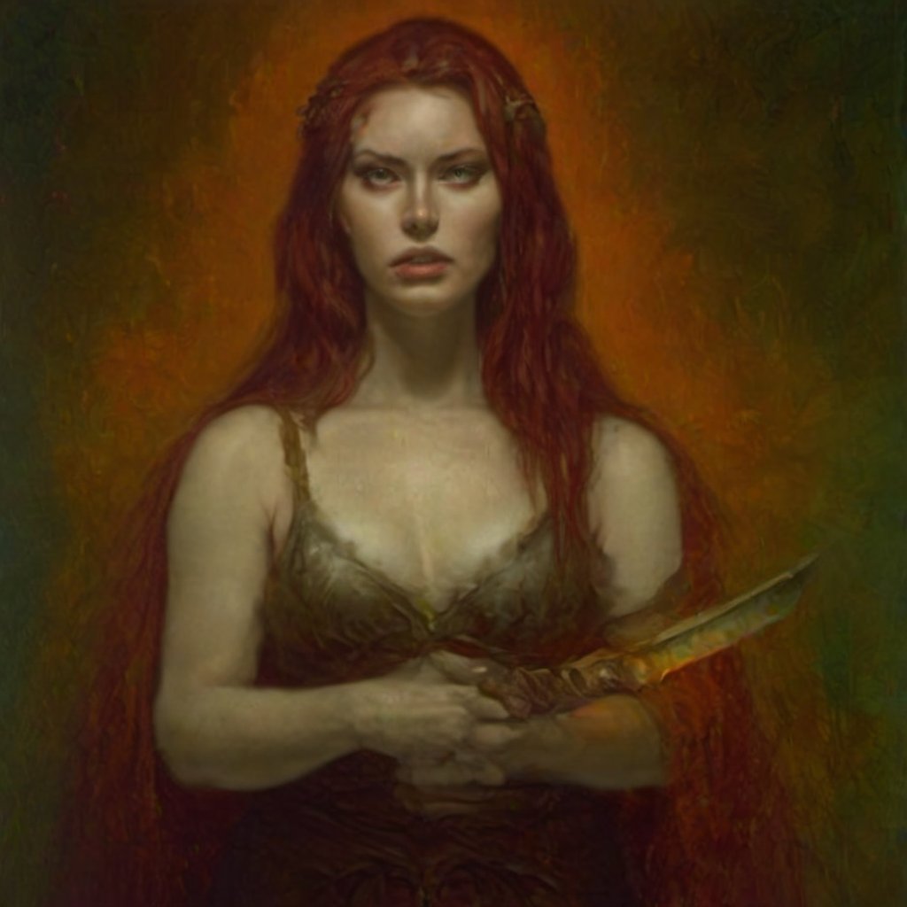 oil painting, solo, beautiful, 1woman, holding a sword, 8k, newhorrorfantasy_style, oil on canvas,<lora:659095807385103906:1.0>