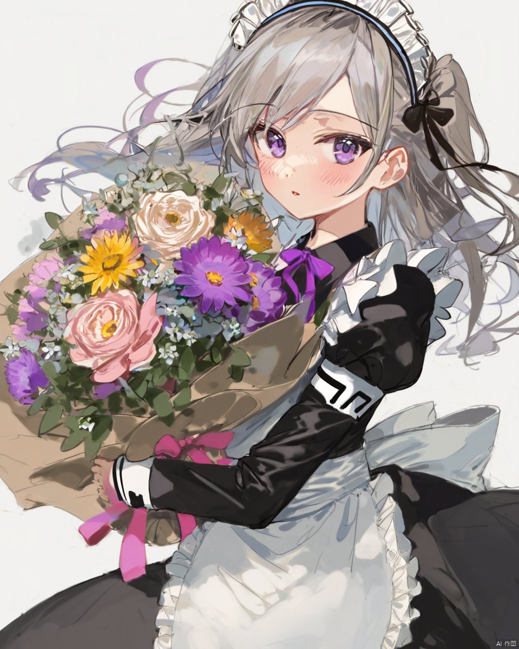 ciloranko, quality good, 1girl, solo, flower, bouquet, purple eyes, maid headdress, looking at viewer, maid, apron, holding, white background, long sleeves, holding bouquet, grey hair, dress, bow, juliet sleeves, puffy sleeves, blush, simple background, parted lips, frills, ribbon, two side up, hair bow, maid apron