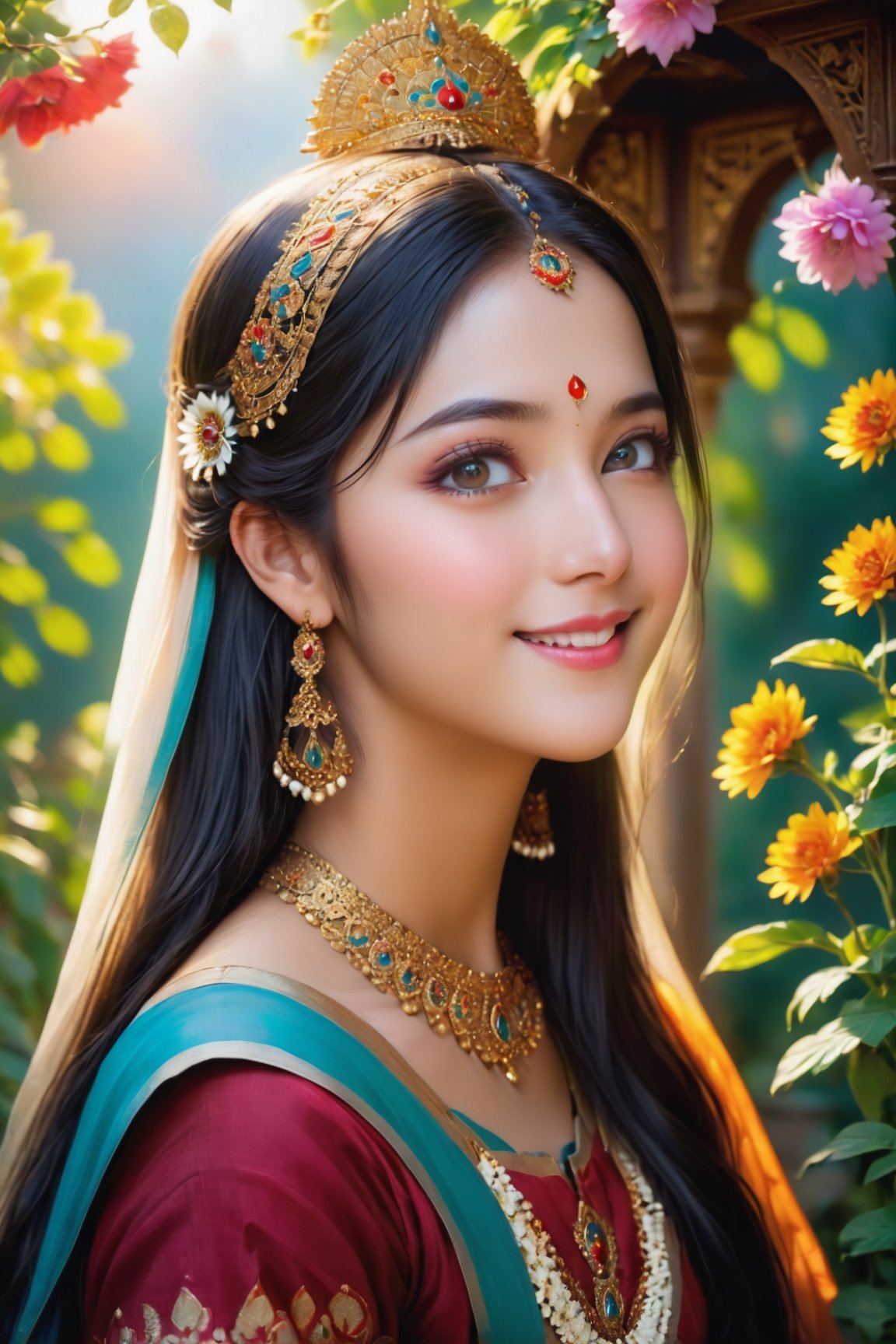 (best quality,4k,8k,highres,masterpiece:1.2),ultra-detailed,realistic,beautiful 18-year-old Indian girl,expressive eyes,long shiny black hair,sun-kissed skin,a charming smile,vibrant traditional Indian attire,ornate gold jewelry,graceful posture,in a colorful garden setting,with blooming flowers all around,soft sunlight illuminating her features,an enchanting atmosphere,portraits,vivid colors,natural lighting