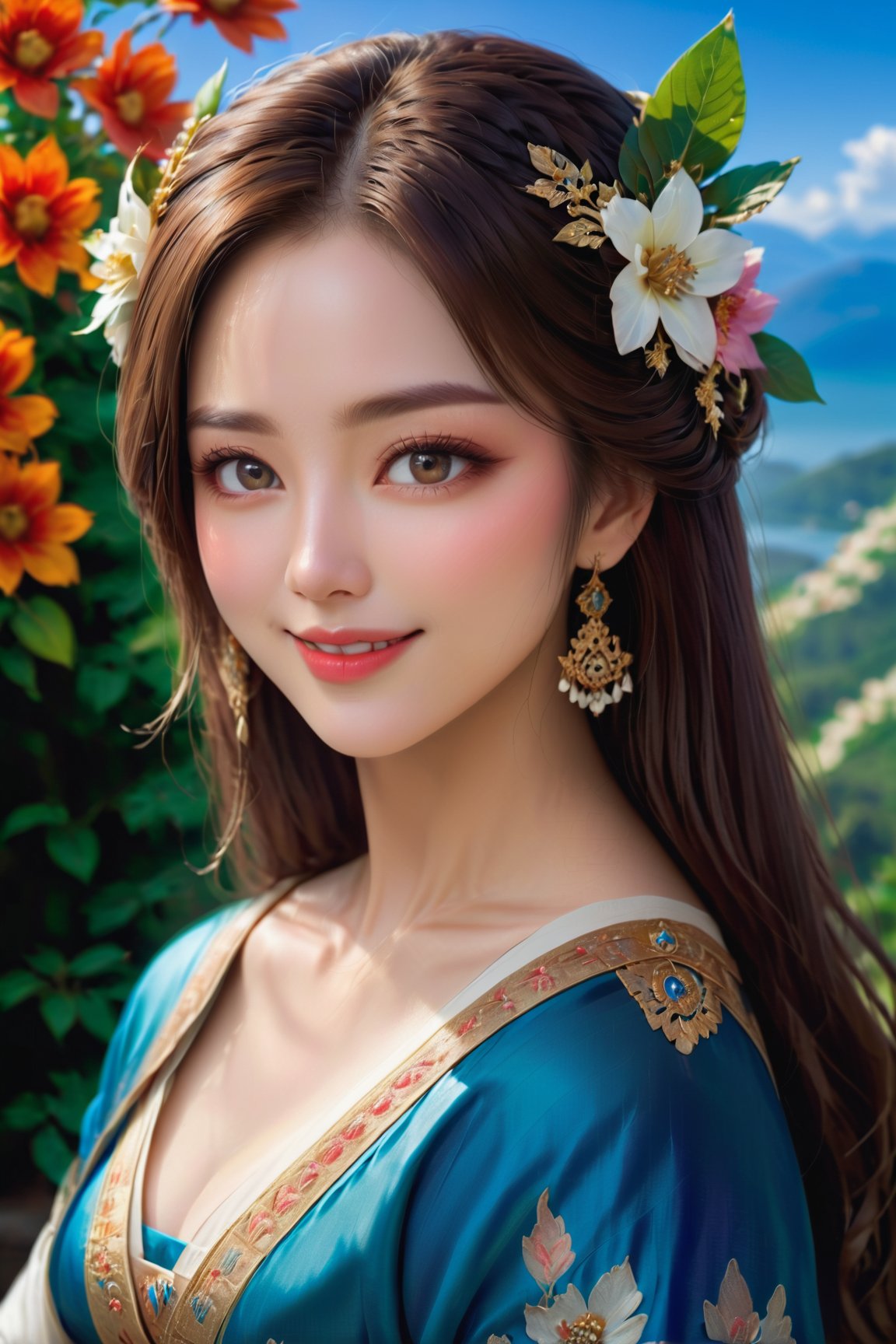 (best quality,4k,8k,highres,masterpiece:1.2),ultra-detailed,(realistic,photorealistic,photo-realistic:1.37),long-flowing hair,expressive eyes,gorgeous smile,fair and flawless complexion,perfectly arched eyebrows,lovely rosy cheeks,radiates confidence and grace,stylish and trendy clothes,fashionable accessories,standing in a vibrant garden surrounded by colorful flowers and lush greenery,soft sunlight filtering through the trees,casting a warm glow on her,gentle breeze gently rustling her hair and dress,creating a sense of movement and dynamism,peaceful and serene atmosphere,impeccable attention to detail in her facial features and clothing,delicate floral patterns on her dress,beautifully manicured nails,picturesque background with a clear blue sky and fluffy white clouds,sparkling dewdrops on the petals,adding a touch of freshness and magic,vivid and vibrant colors that highlight her natural beauty,artistic brushstrokes that create a sense of depth and texture,creating a harmonious blend between realism and artistic expression,celebrating the beauty and youthfulness of an 18-year-old girl in a captivating and enchanting way.