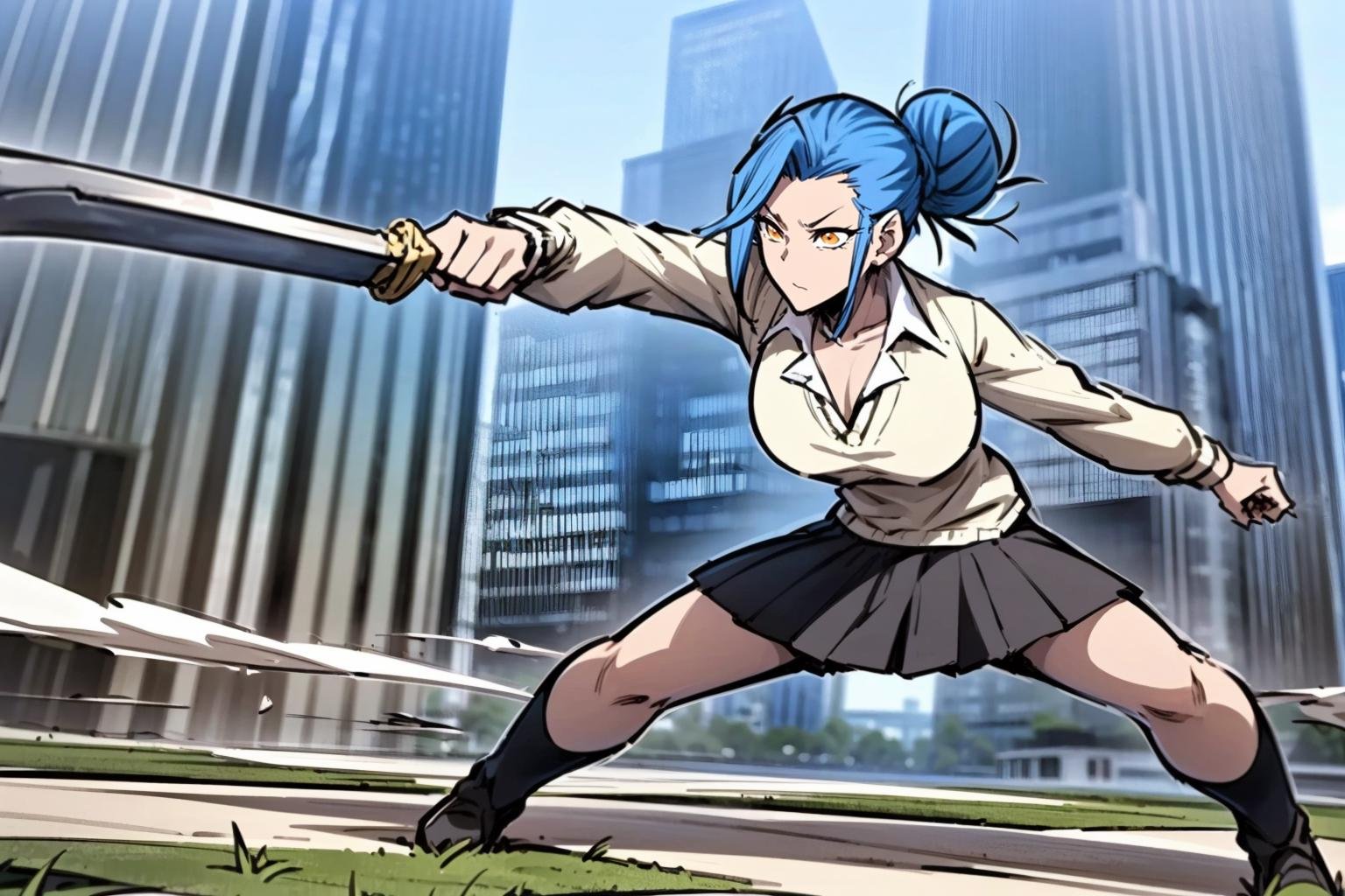 ((full body, a woman dynamic fighting stance in a city))<lora:ZhangLanqiFinalLoRA:0.9>zhanglanqi, orange eyes,short hair, shirt, bun, skirt, beautiful eyes, beautiful girl, high detail skin, high detail eyes, high detail hair, highres, ultra detailed,highres, ultra detailed, 4k, high quality, ultra realistic, holding a sword on hilt