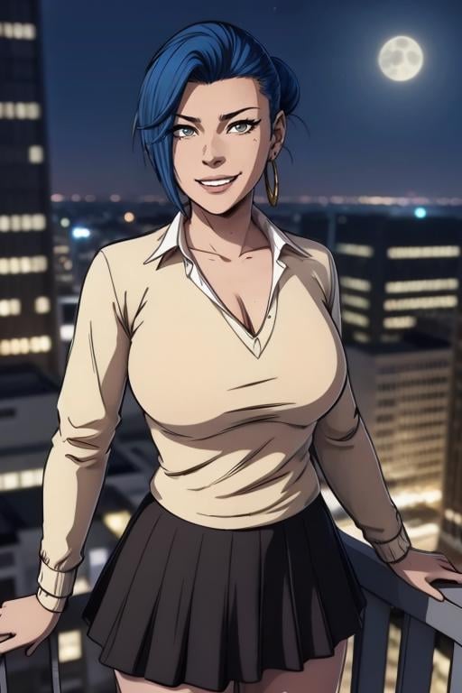 ((upper body, a woman standing on a building, looking cute, cute smile, night))<lora:ZhangLanqiFinalLoRA:0.9>zhanglanqi, short hair, shirt, bun, skirt, beautiful eyes, beautiful girl, high detail skin, high detail eyes, high detail hair, highres, ultra detailed,highres, ultra detailed, 4k, high quality, ultra realistic,