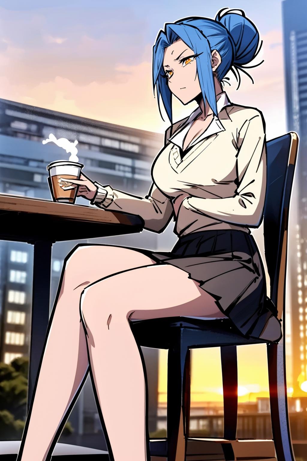 ((full body, a woman sitting in a cafe holding a cup of tea, sunset in background))<lora:ZhangLanqiFinalLoRA:0.9>zhanglanqi, orange eyes,short hair, shirt, bun, skirt, beautiful eyes, beautiful girl, high detail skin, high detail eyes, high detail hair, highres, ultra detailed,highres, ultra detailed, 4k, high quality, ultra realistic, holding a sword on hilt