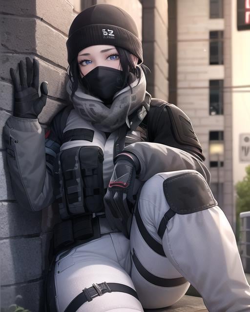 1girl, solo, mature female, <lora:frostR6:1>, frost /(rainbow six siege/),mask, hat, black hair, blue eyes, white jacket, white pants, gloves, outside, ((ultra-detailed)), (masterpiece), (highest quality)