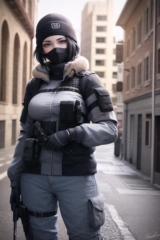 1girl, solo, mature female, <lora:frostR6:0.8>, frost /(rainbow six siege/),mask, hat, black hair, blue eyes, jacket, pants, gloves, outside, (realistic:1.5), photorealistic, octane render, hyperrealistic