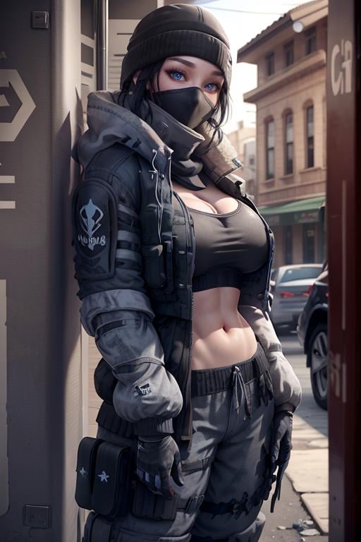 1girl, solo, mature female, <lora:frostR6:1>, frost /(rainbow six siege/),(mask:1.2), hat, black hair, blue eyes,  jacket, pants, gloves, outside, ((ultra-detailed)), (masterpiece), (highest quality)