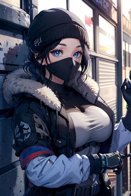 1girl, solo, mature female, <lora:frostR6:0.8>, frost /(rainbow six siege/),mask, hat, black hair, blue eyes, jacket,  gloves, half body, outside, ((ultra-detailed)), (masterpiece), (highest quality)