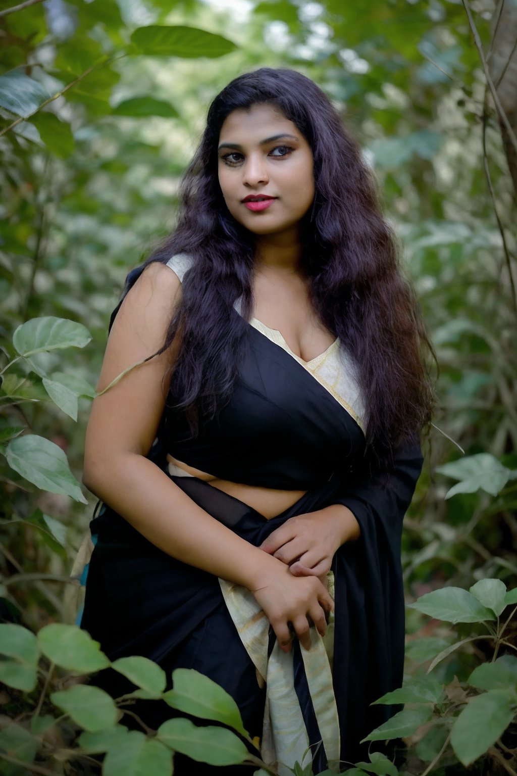 Wide shot, full size, Generate hyper realistic image of a darkened faerie being metamorph monster morphing within an enchanted thicket. Longest hair, Explore the mystical and mysterious atmosphere as the creature transforms, surrounded by magical flora,Mallu curly hair,1thick body woman,High detailed ,Heterochromia girl,salwar,pastelbg