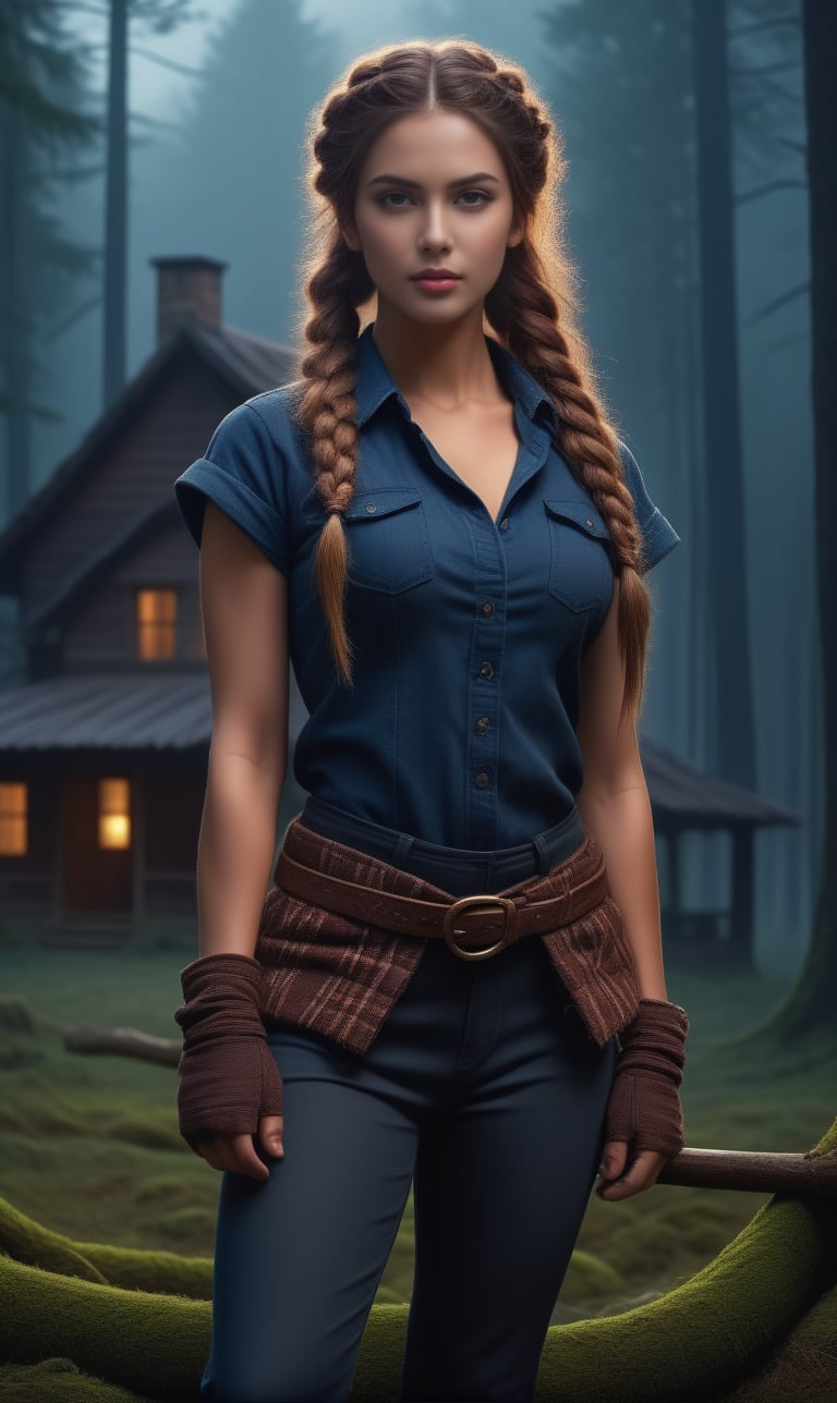 portrait of a Lumberjack woman with huge beautiful braid, wearing tight-fitting outfit, intricate action pose, Oil paint, ancient, illuminated by the light of twilight, with a backdrop of a big oldest house and ancient forest., Mysterious, brilliant art by Allan Jabbar, Yann Dalon, Toni Infante, Amr Elshamy,,<lora:659095807385103906:1.0>