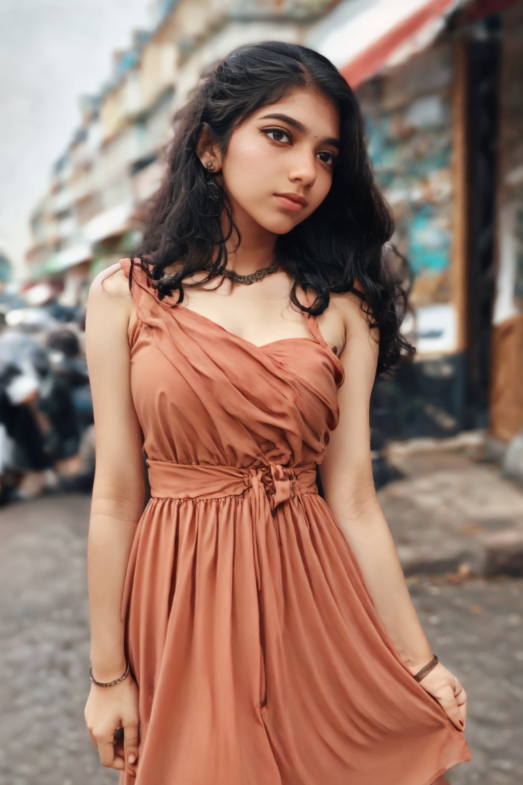 Beautiful girl in a (red dress), amazingly beautiful, long brown hair, fair skin, side pose, looking at viewer, on a Paris street, cafe in background, sexy ((red dress)), bare shoulders, medium breasts, masterpiece, best quality, face focus, fashion photography, photorealistic, highly detailed, (symmetrical pale green eyes),realistic,1 girl,Mallu 18 old babe,perfect