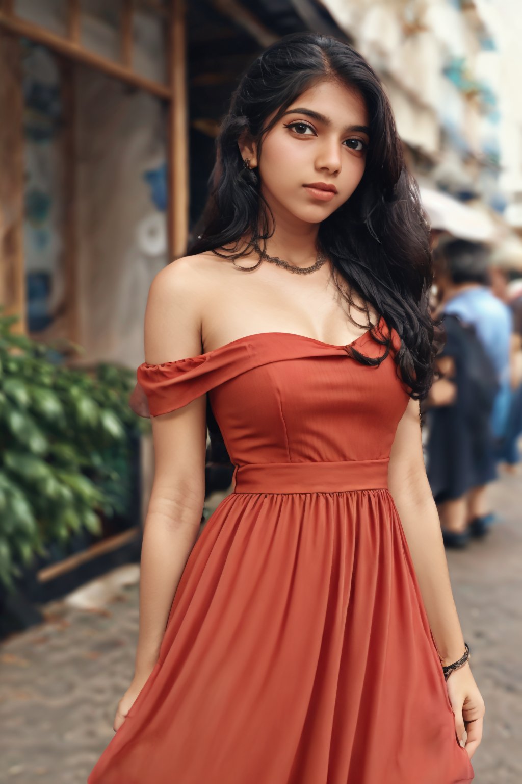 Beautiful girl in a (red dress), amazingly beautiful, long brown hair, fair skin, side pose, looking at viewer, on a Paris street, cafe in background, sexy ((red dress)), bare shoulders, medium breasts, masterpiece, best quality, face focus, fashion photography, photorealistic, highly detailed, (symmetrical pale green eyes),realistic,1 girl,Mallu 18 old babe,perfect