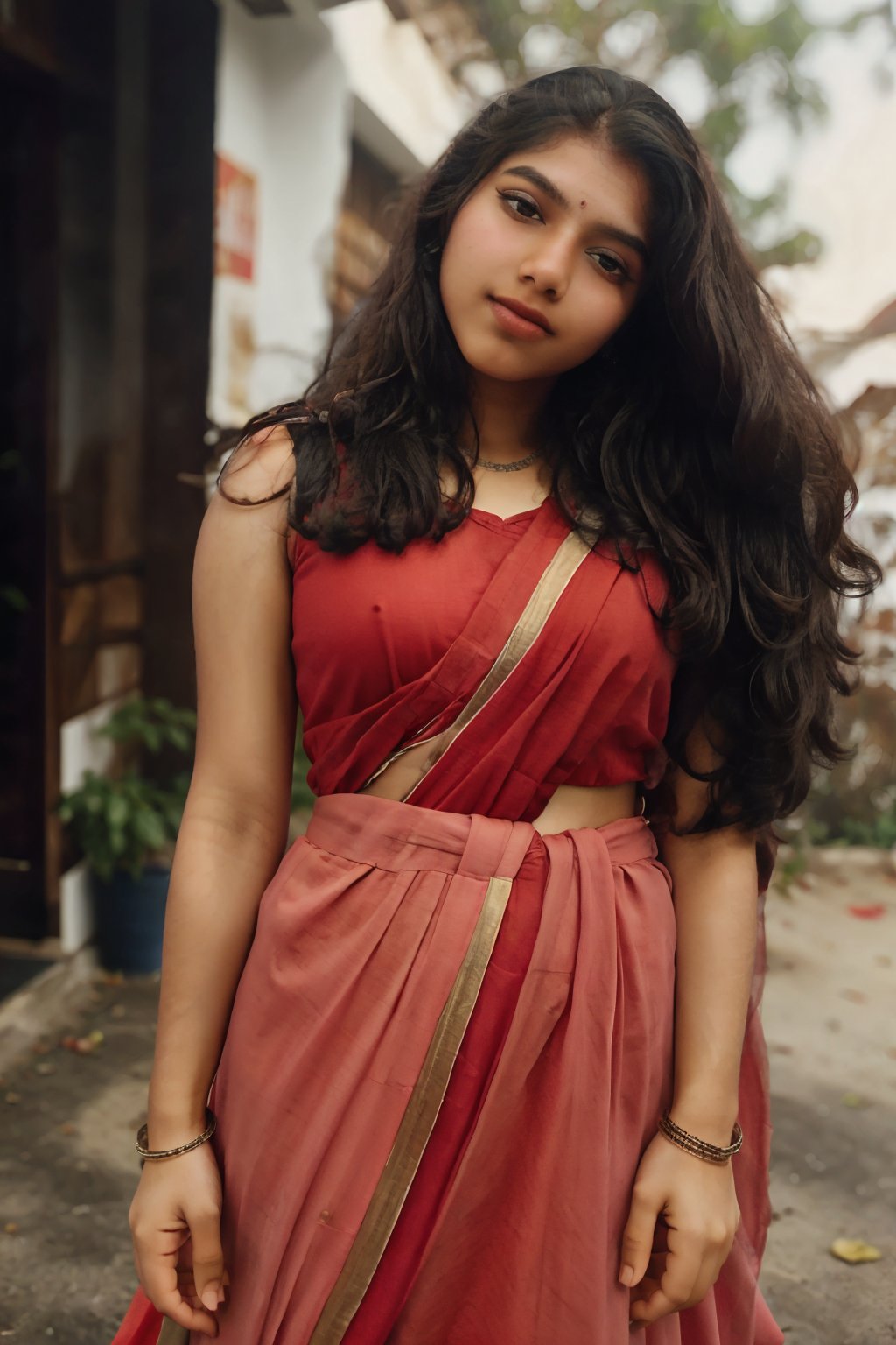 Raw photo, realistic, 15year old  woman,   thick waist, long curly brown hair,, movie scene, cinematic, high-quality, ultra-detailed, professionally color graded, professional photography.  ( hard light:1.2), (volumetric:1.2), well-lit, double exposure, award-winning photograph, happy_face, Fast shutter speed, 1/1000 sec shutter, salwar, red cloth, sleeveless,18 year old girl,1 girl,CyberpunkWorld,Sexy Pose,Mallugirl,1thick body woman