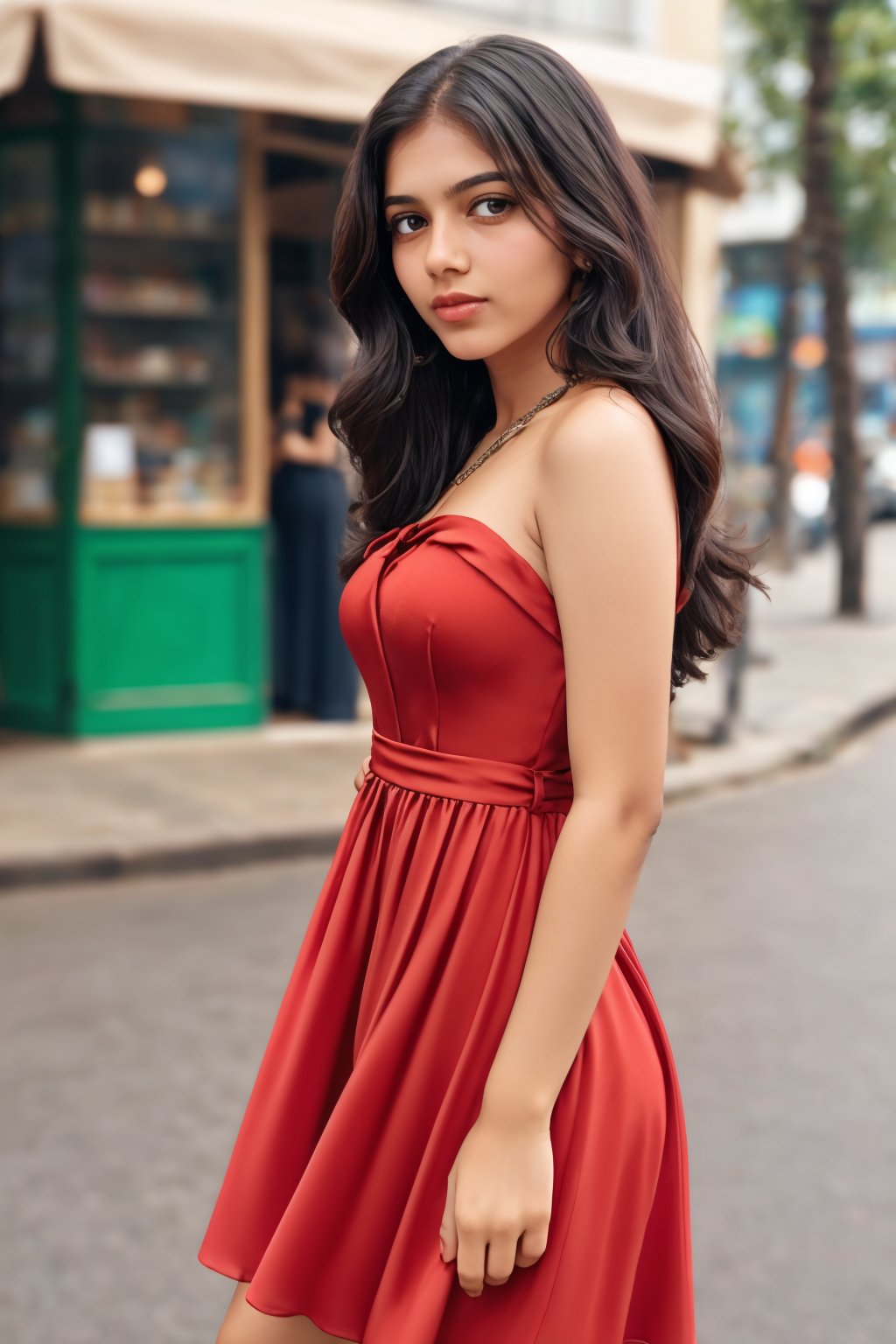 Beautiful girl in a (red dress), amazingly beautiful, long brown hair, fair skin, side pose, looking at viewer, on a Paris street, cafe in background, sexy ((red dress)), bare shoulders, medium breasts, masterpiece, best quality, face focus, fashion photography, photorealistic, highly detailed, (symmetrical pale green eyes),realistic,1 girl,Mallu 18 old babe,perfect