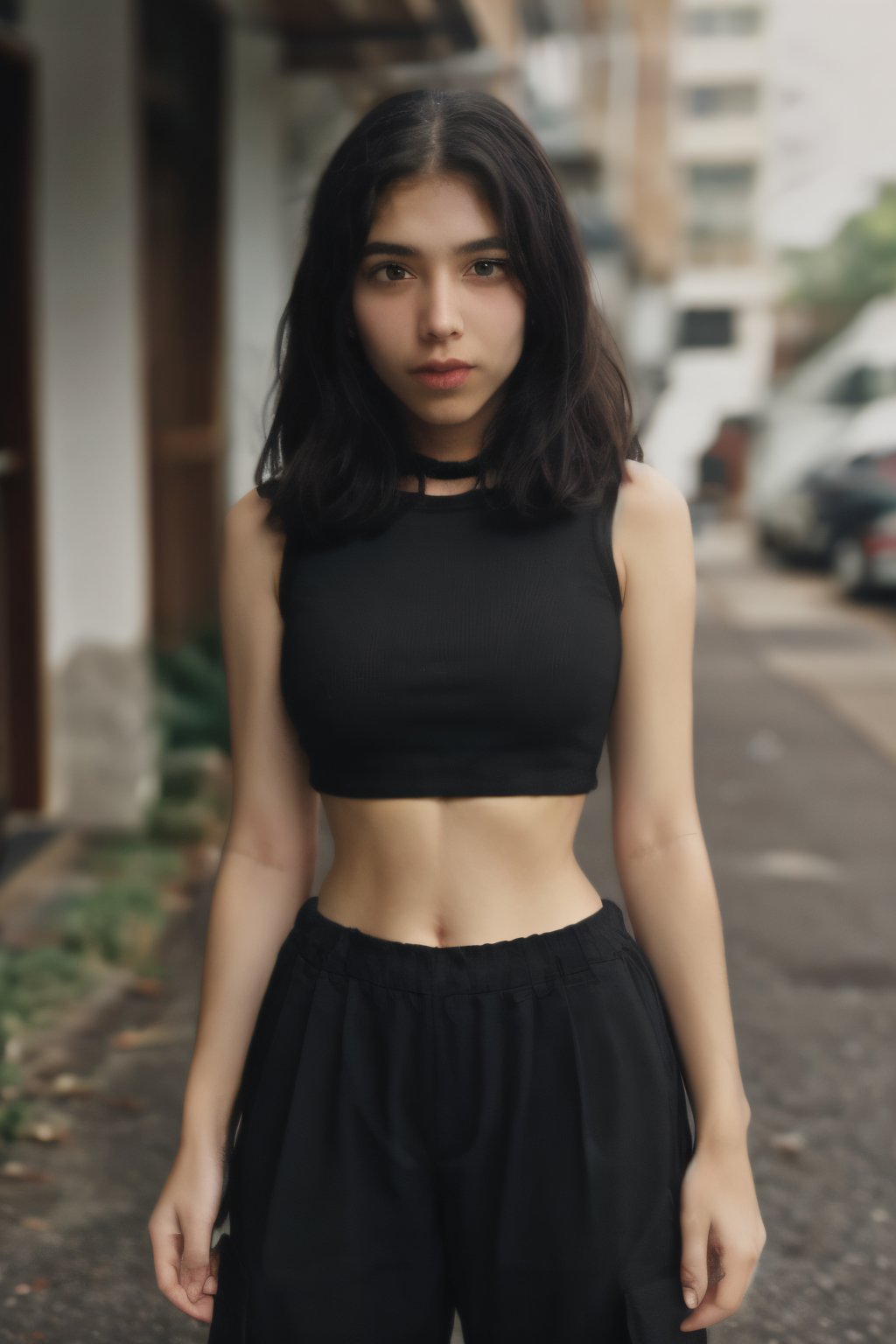 1girl, anime, skinny, white_hair, pale_skin, ribs, emaciated, clavical, red eyes, black croptop, black cargo pants, midriff,Ribs,skinny,urban techwear,,<lora:659111690174031528:1.0>