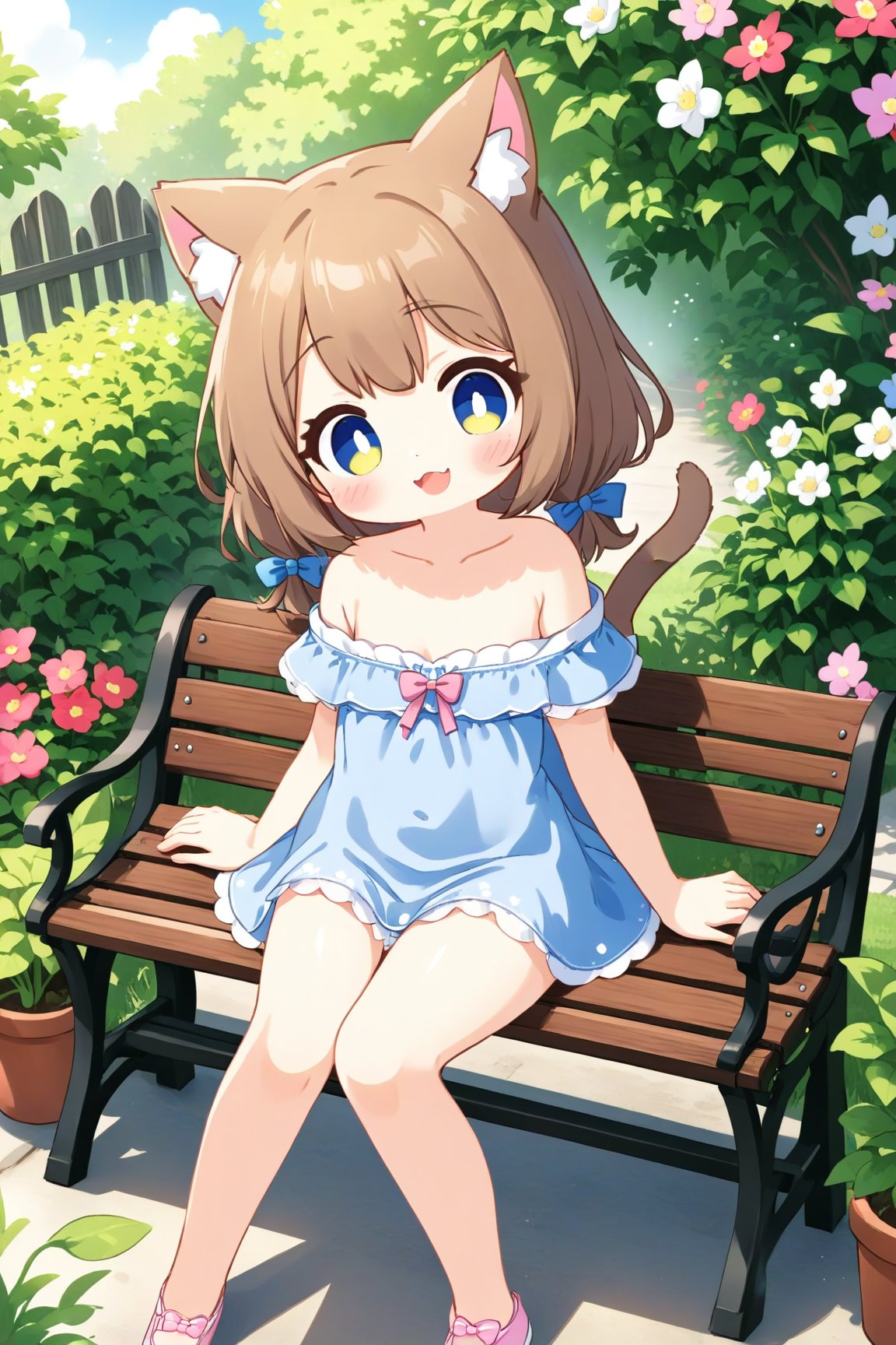 1girl, solo, Off shoulder, kawaii, fang, cat ear, tail, out door, loli, panties , :D, sit, bra, dress,flower, cute style, bench, garden, 