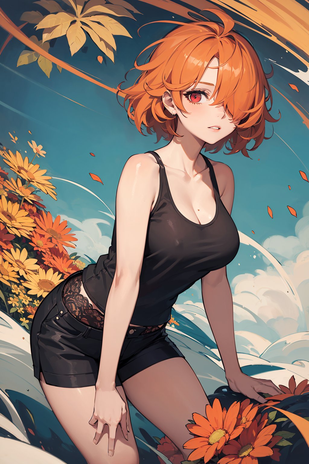 1girl, detailed face, detailed eyes, red eyes, black lace tank top, black micro shorts, large firm breasts, short hair, orange hair, wild and messy hair, sidelocks, (hair over one eye:1.3), (abstract), (flowers), (flower), leaves, swirling mist, rainbow mist