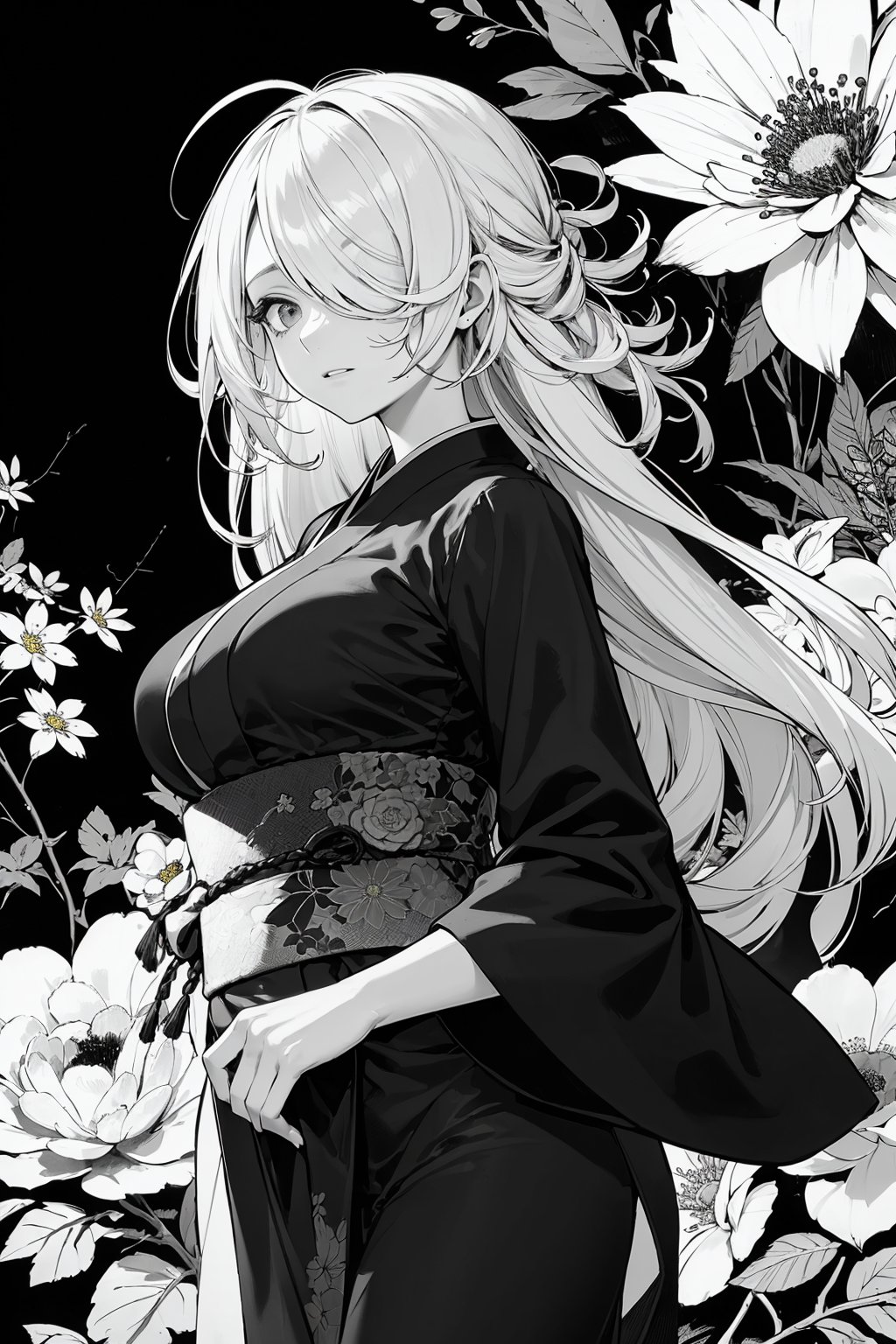 1girl, monochrome, lineart, kimono, heart print, large firm breasts, long hair, (white hair), wild and messy hair, (hair over one eye:1.3), (abstract), (flowers), (flower), leaves