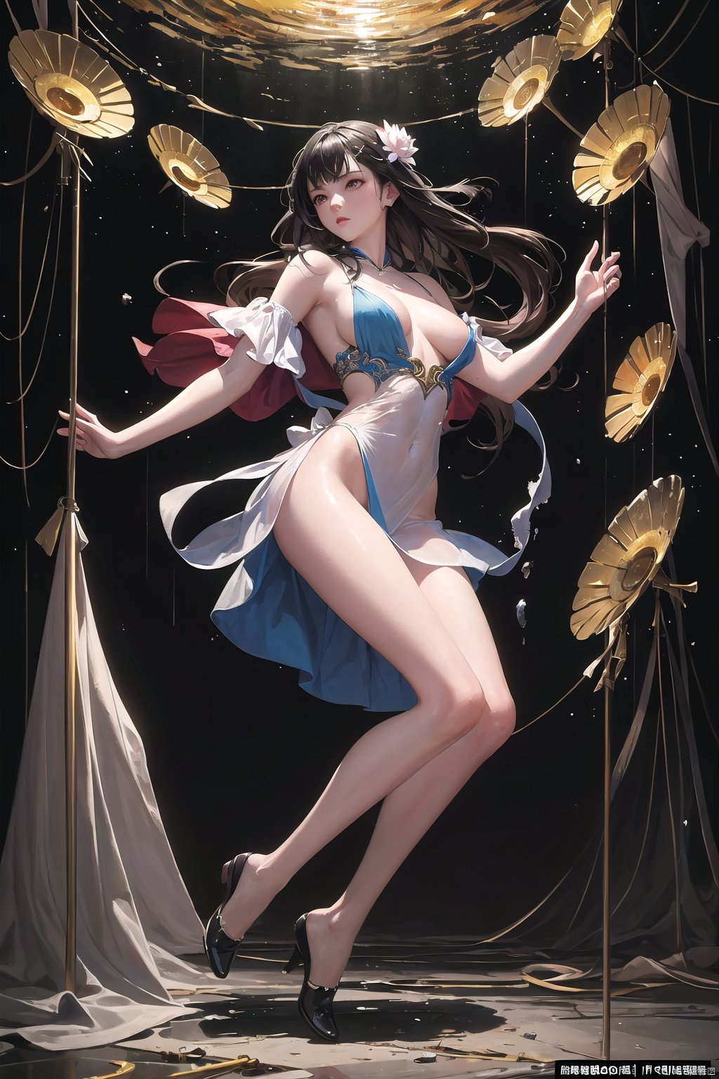  guofeng,(masterpiece, top quality, best quality, official art, beautiful and aesthetic:1.2),(bare bare shoulders),lotus, semi transparent clothes, (1girl:1.4), (cover art)extreme detailed, (Action painting:1.2),(concretism:1.2),theater dance scene,(hypermaximalistic:1.5),colorful,highest detailed,nsfw, 
